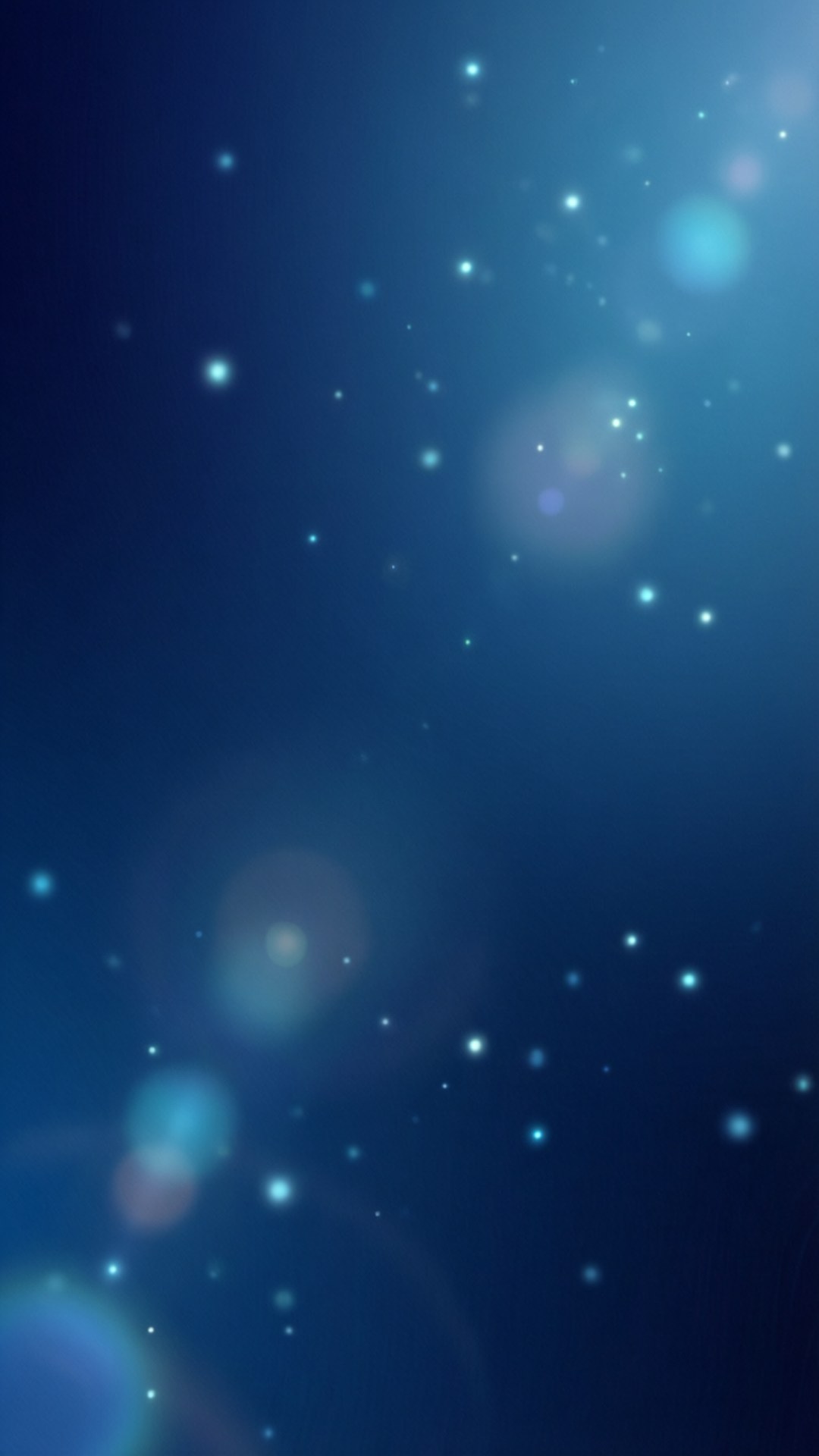 Glowing Particles Gradient 壁紙 — 寧靜的漸變藍色背景，點綴著柔和發光球體和散落的閃爍光粒子。