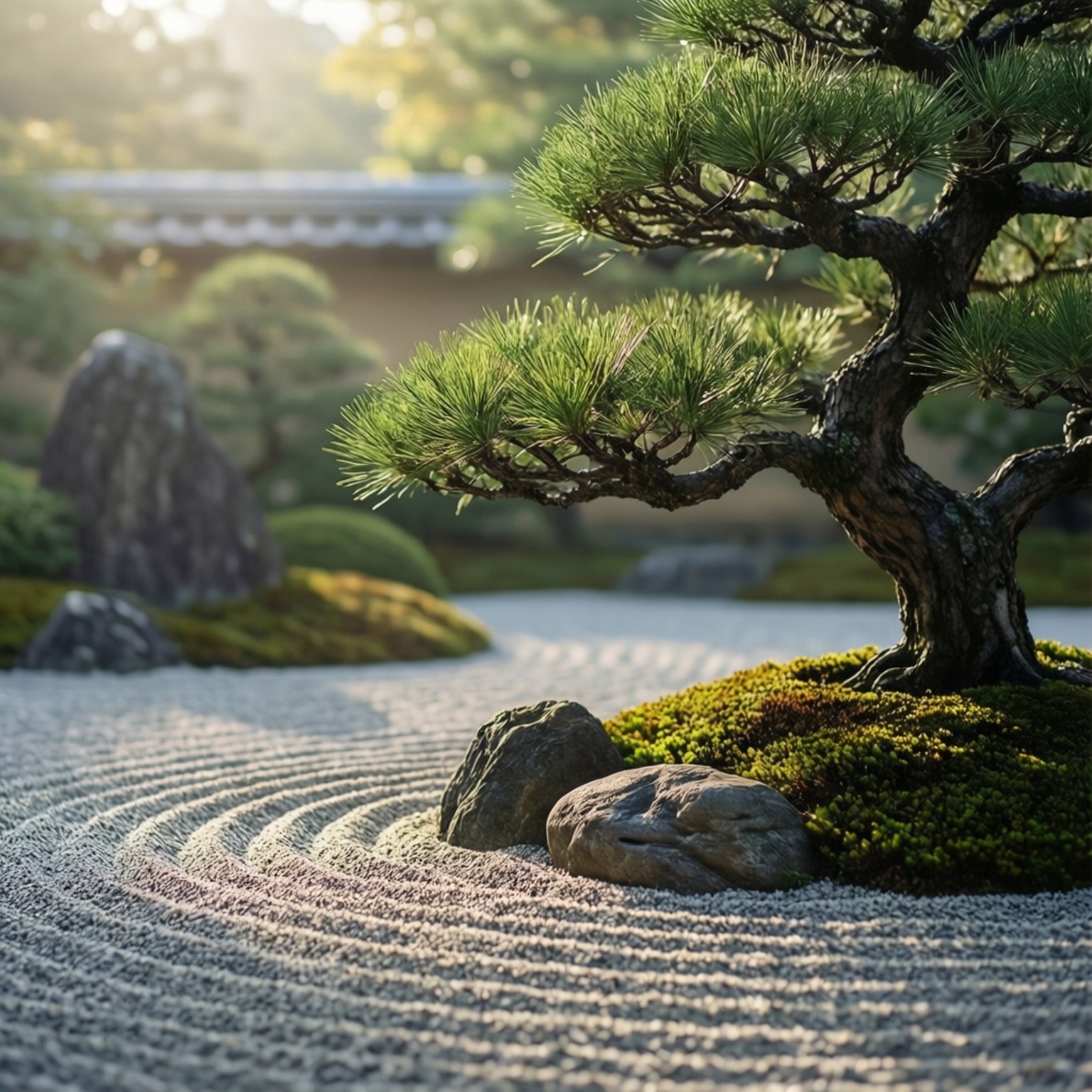 Zen Friday Calm 壁紙 — 一個寧靜的日本禪意花園，有一條耙過的碎石小徑蜿蜒環繞長滿苔蘚的岩石和一棵在柔和晨光中沐浴的彎曲松樹。