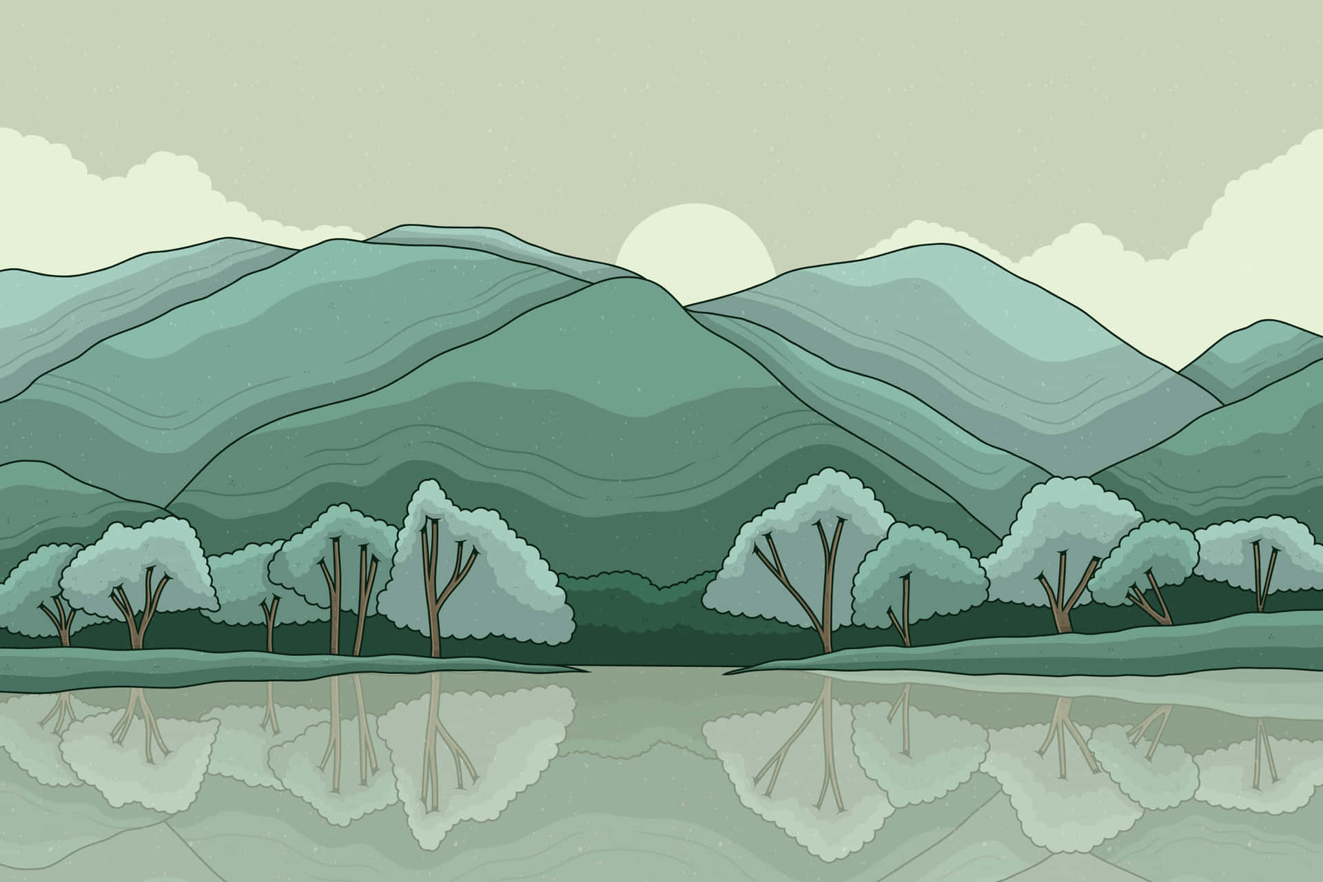  壁紙 — 柔和天空下，平靜水面倒映著風格化樹木的寧靜層疊山景。