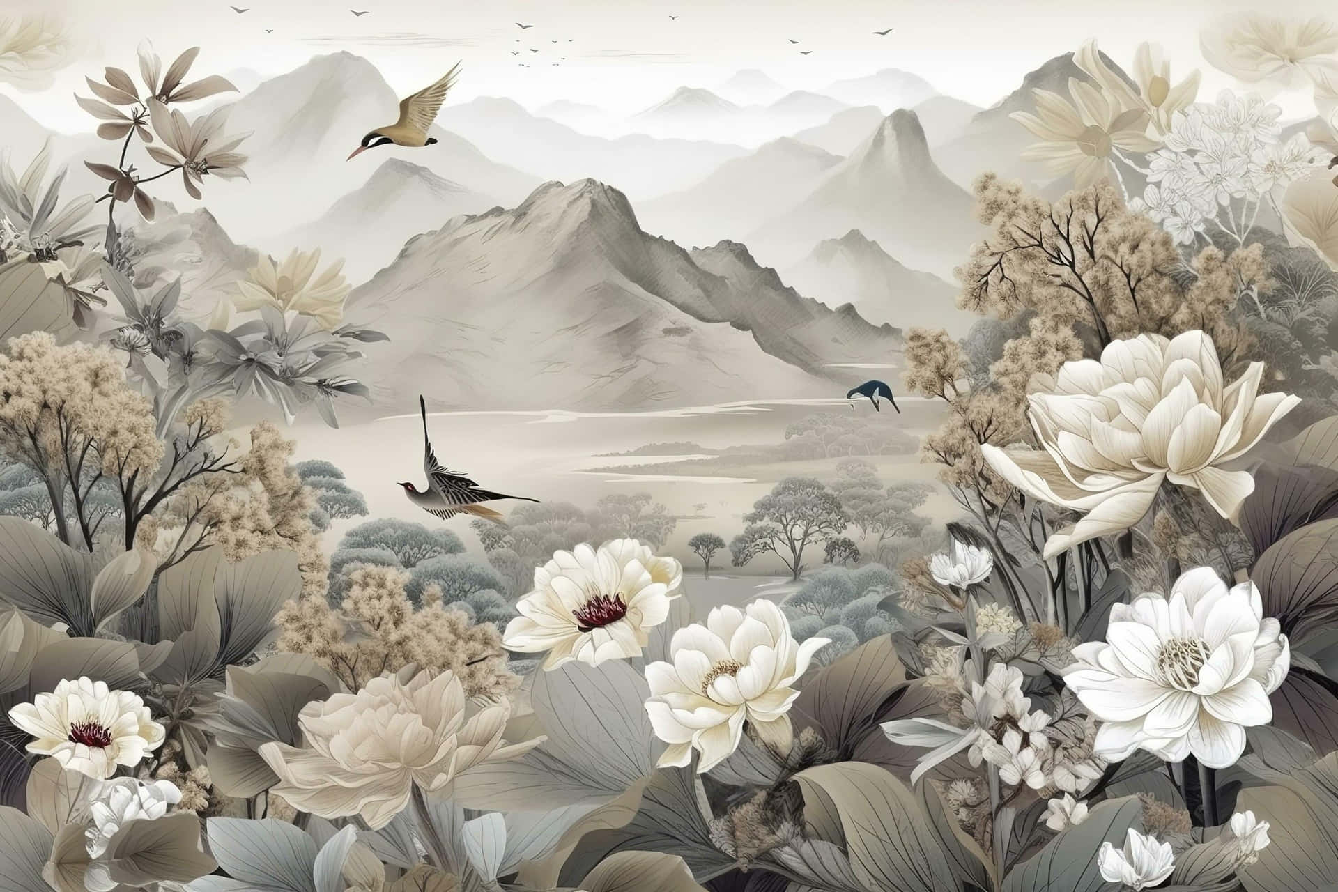  壁紙 — 寧靜的單色風景，盛開的花朵、鳥兒和霧氣繚繞的山巒，採用傳統東亞水墨風格。