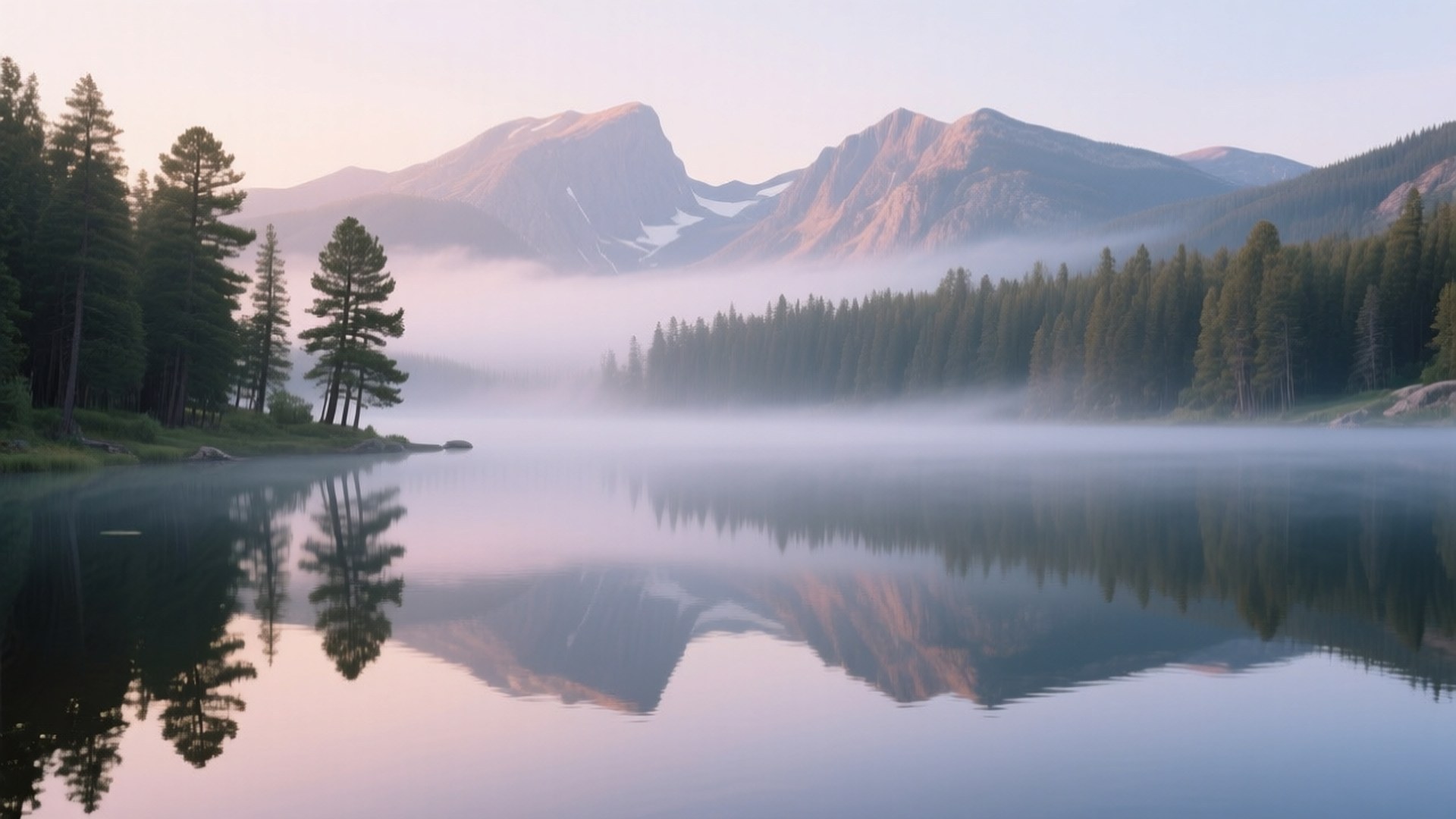 Misty Sprague Lake Morning 壁紙 — 寧靜的山湖在柔和晨光下映照出霧氣繚繞的山峰和常綠樹。