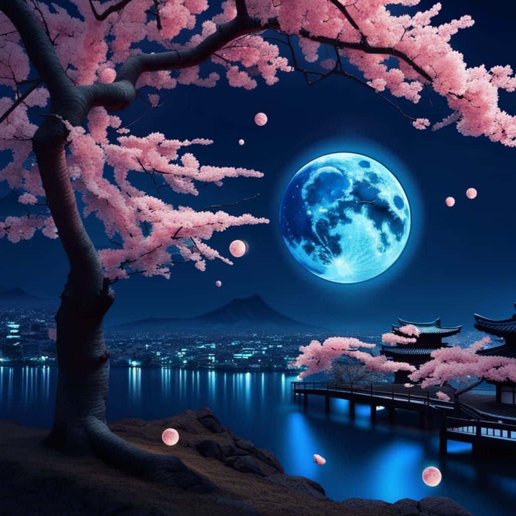  壁紙 — 寧靜的夜景，粉紅櫻花襯托著水面上傳統日本亭閣，背後是一輪發光的藍月。