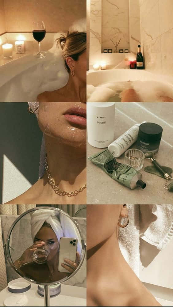  壁紙 — 一個寧靜的自我護理拼貼畫，展示一位女士在豪華浴室中享受泡泡浴、喝紅酒、塗抹護膚品並對著鏡子自拍。