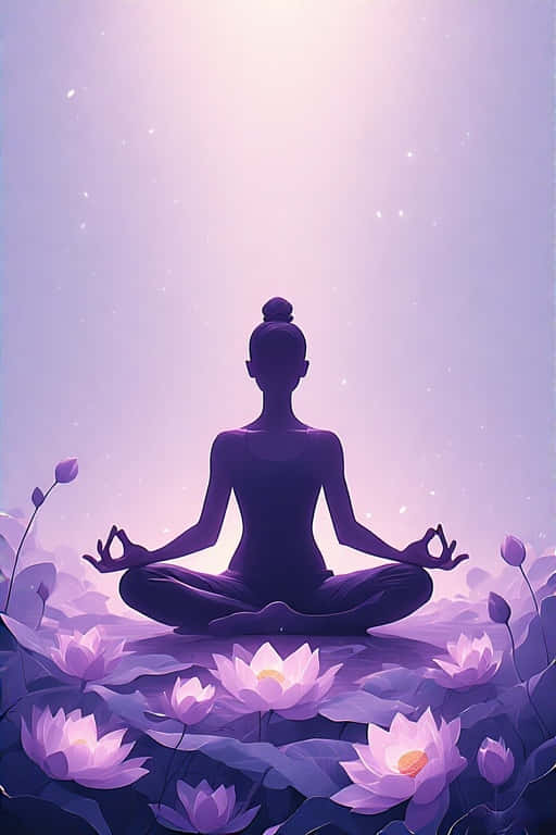 在柔和天空下，被發光紫色蓮花包圍的蓮花坐姿冥想者 — 4K 壁紙