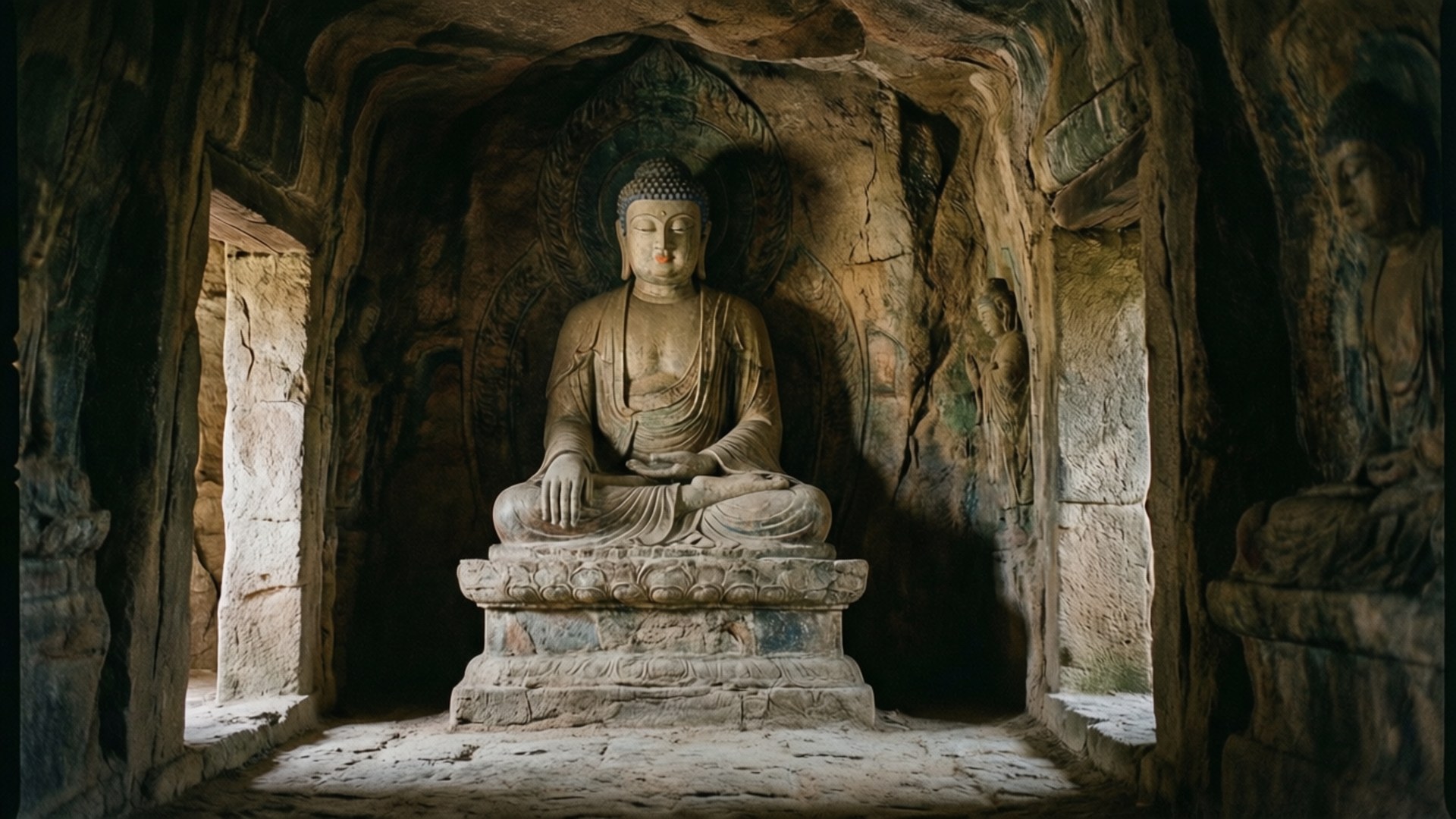 Cave of Buddha 壁紙 — 一座寧靜的石佛像在昏暗的古老岩洞寺廟內盤腿坐在基座上。
