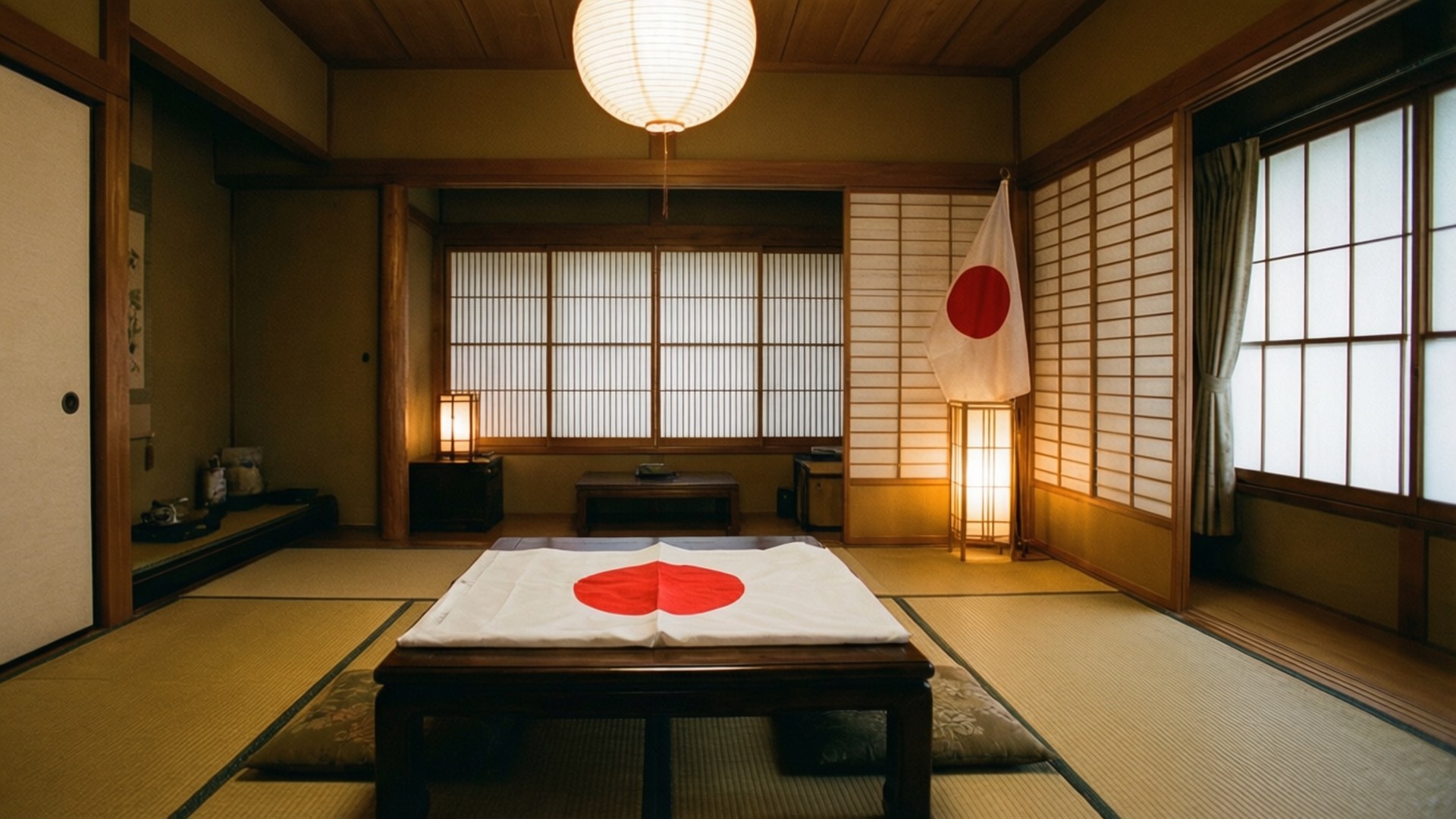 Tatami Room Flag 壁紙 — 寧靜的傳統日式房間，配有榻榻米、木樑、障子屏風，以及紙燈籠下矮桌上的紅色圓形旗幟。