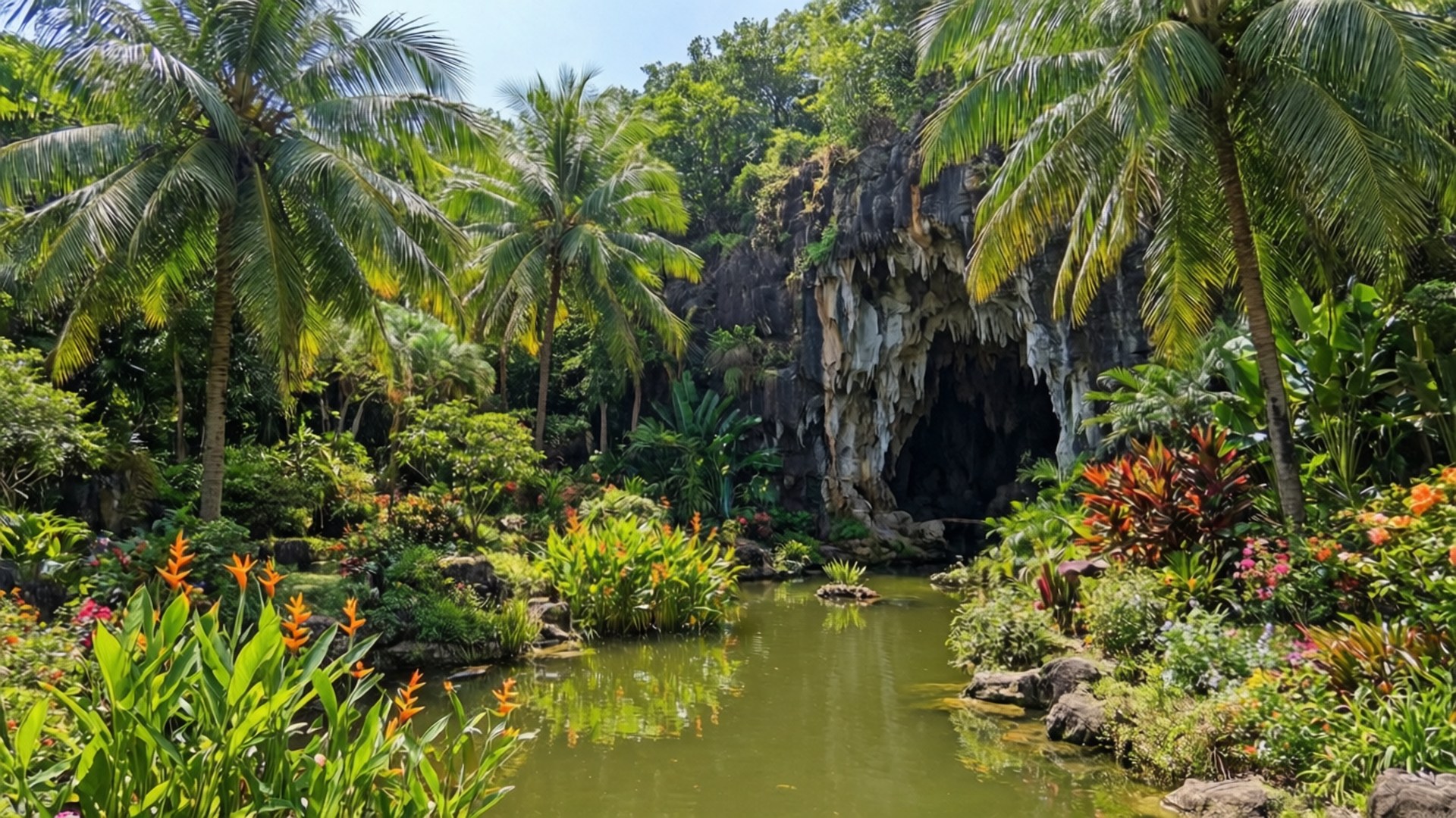 Hallim Park Oasis 壁紙 — 一個寧靜的熱帶花園，有一個平靜的池塘，周圍環繞著棕櫚樹、鮮豔的花朵和一個岩石洞穴入口，在明亮的陽光下。