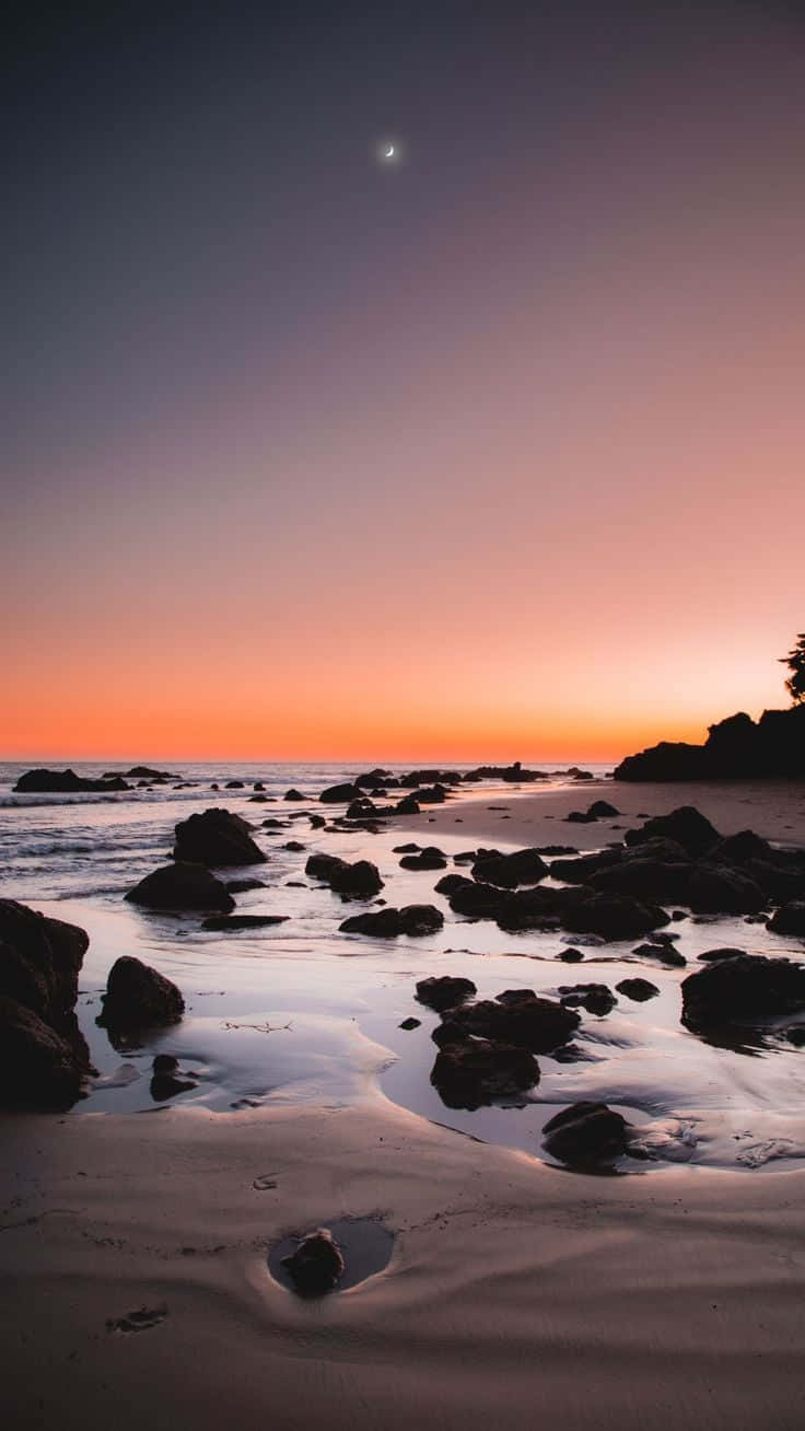 Coastal Sunset 桌布 壁紙 — 寧靜的黃昏海灘，散落的岩石反射出新月下橙色、粉紅色和紫色的漸變天空。