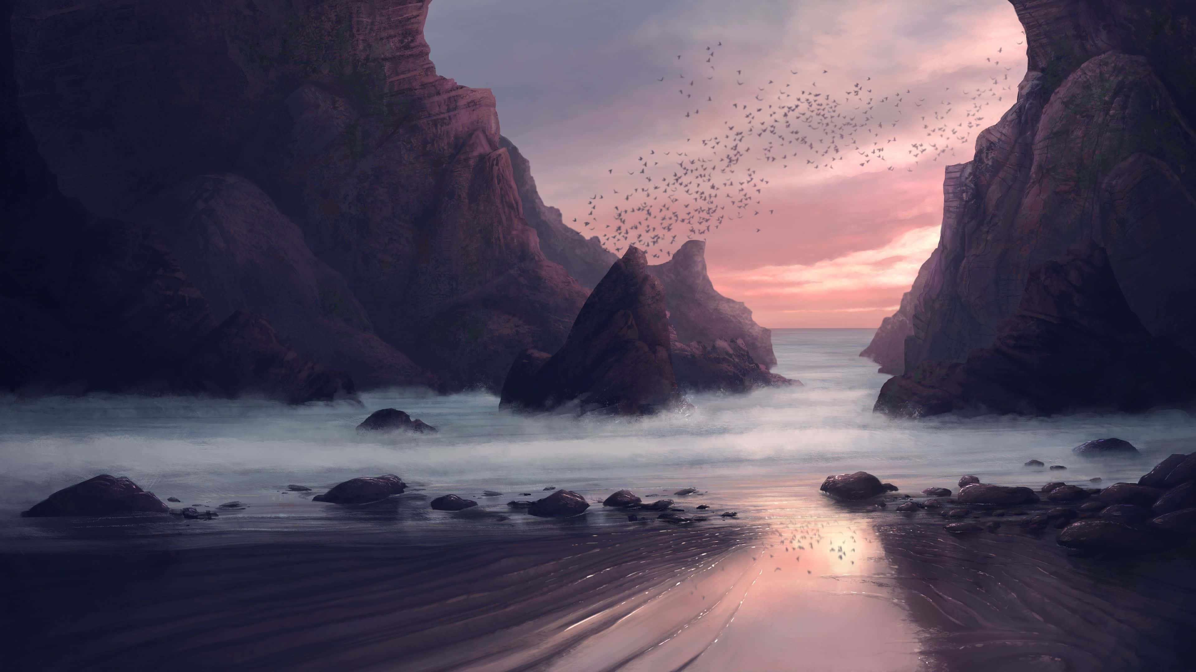 Beach Art 桌布 壁紙 — 寧靜的黃昏場景，粉紅色和紫色的天空倒映在聳立的岩石懸崖之間的平靜水面上，鳥兒在頭頂飛翔。