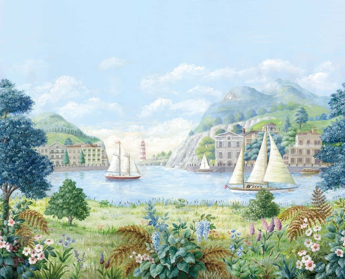  壁紙 — 一幅寧靜的水彩畫場景，描繪帆船在平靜的湖面上滑行，四周環繞著鬱鬱蔥蔥的綠色山丘和迷人的湖邊建築，上方是明亮的藍天。