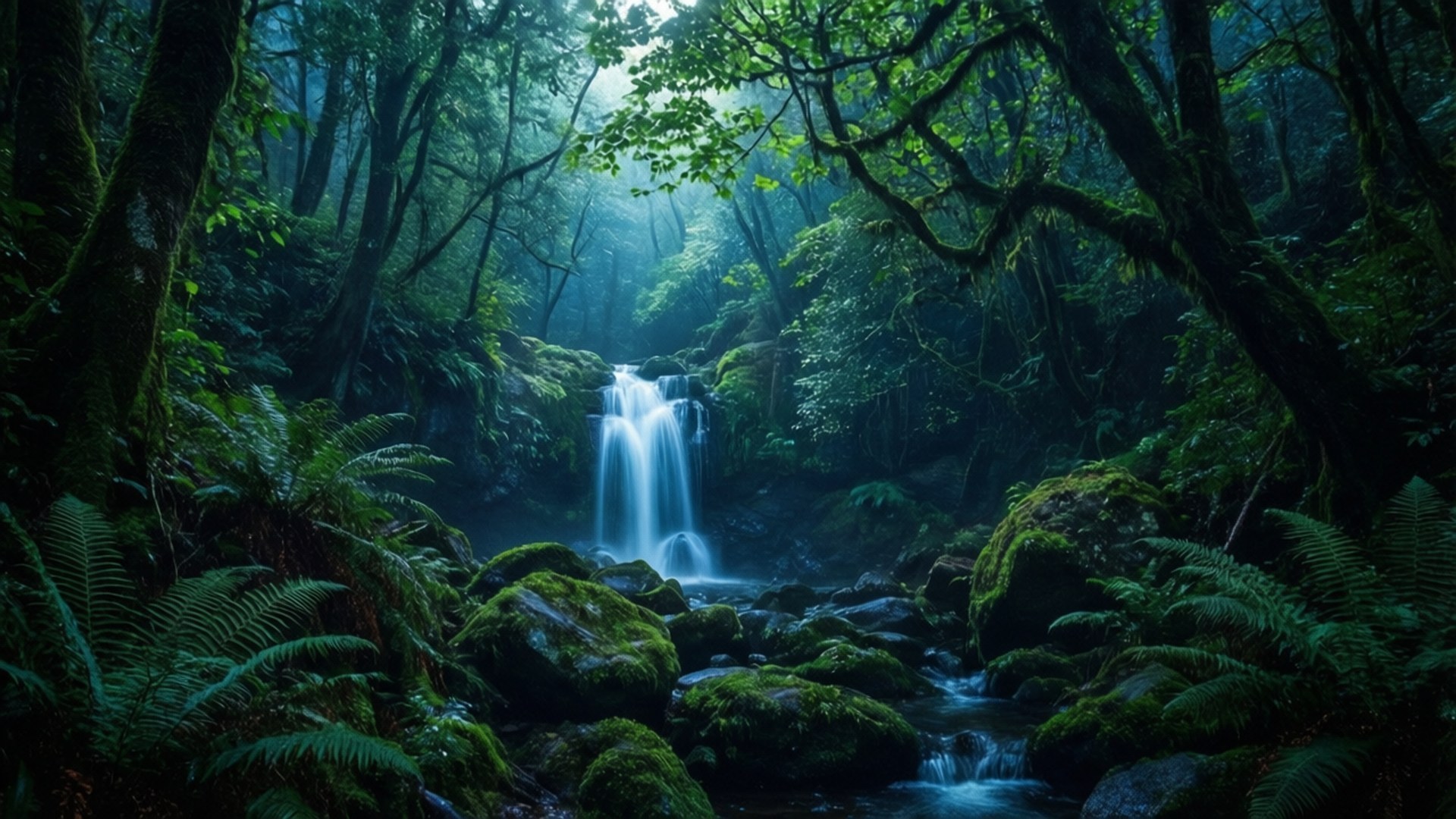 Hidden Waterfall in the Woods 壁紙 — 一道寧靜的瀑布穿過茂密的苔蘚森林，陽光透過濃密的綠色樹冠灑落。