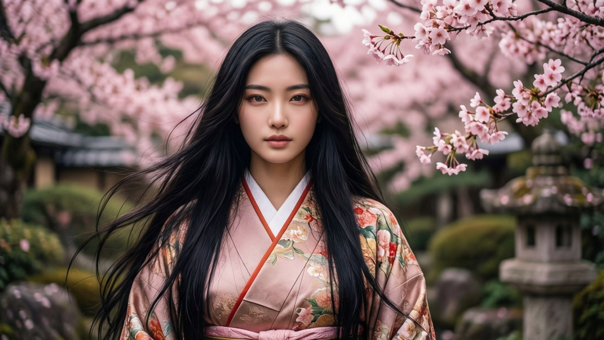 桌布 壁紙 — 一位寧靜的女子身穿花卉和服，站在傳統日本花園中盛開的粉紅櫻花下。