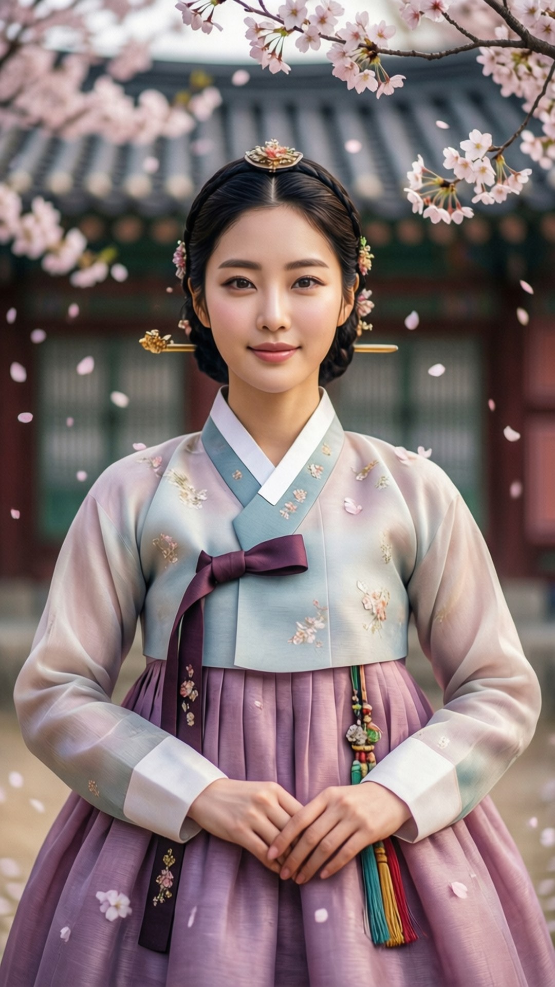 莉亞 桌布 壁紙 — 一位穿著傳統韓國韓服的寧靜女子站在歷史瓦屋頂背景下飄落的櫻花中。