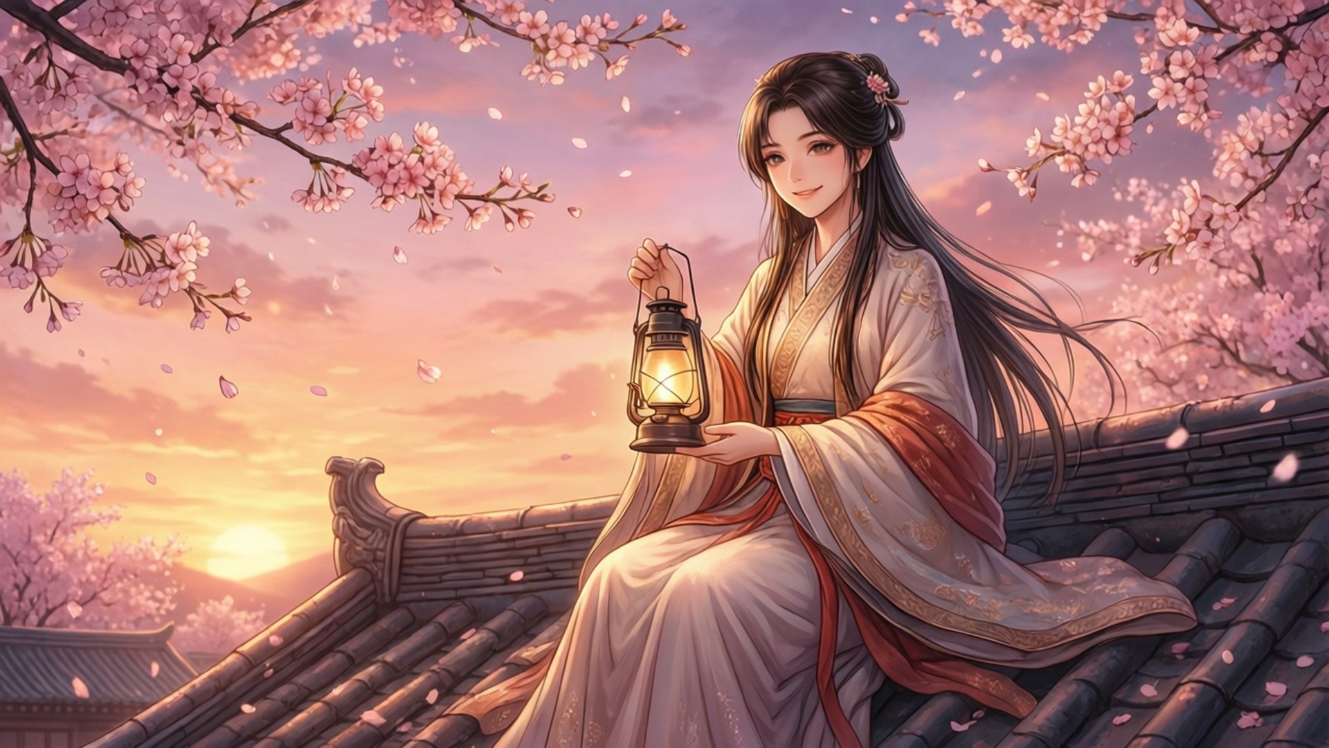 Rooftop Cherry Blossoms 壁紙 — 一位穿著傳統長袍的寧靜女子坐在瓦片屋頂上，在夕陽下飄落的櫻花中手持發光的燈籠。