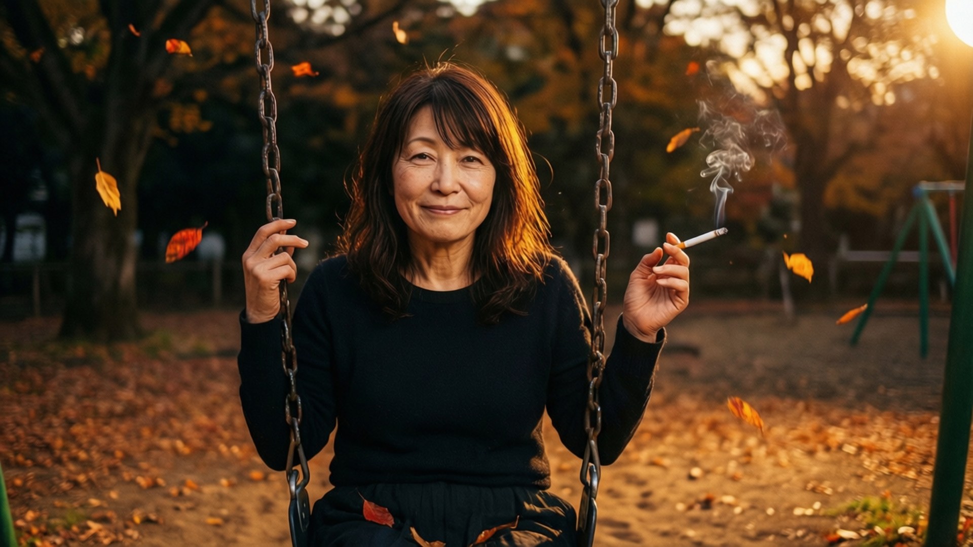 Mamimi Samejima 桌布 壁紙 — 一位寧靜的女性在鞦韆上微笑吸煙，金色秋葉在陽光明媚的公園中飄落環繞。