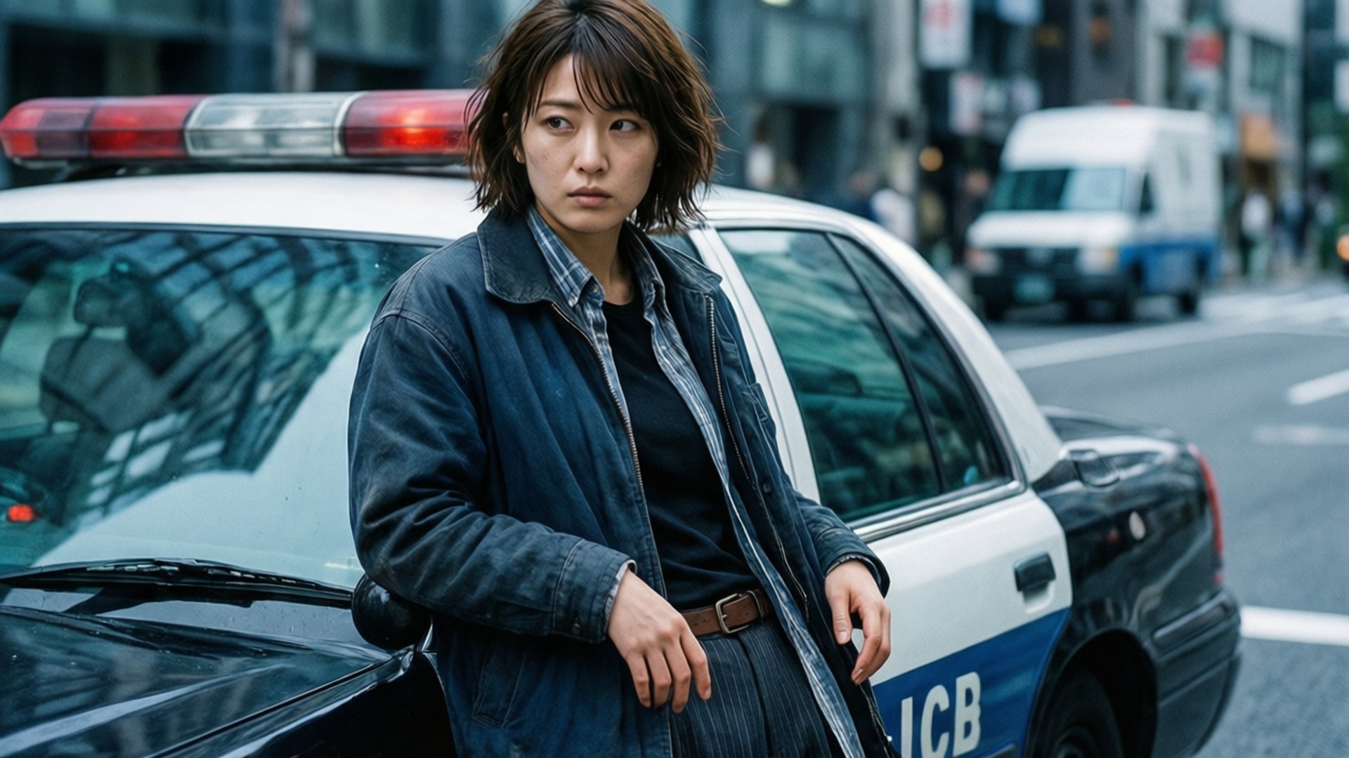 Detective Kato 壁紙 — 一個穿著牛仔外套的嚴肅女人靠在一輛閃著紅燈的警車上，身處繁忙的城市街道。