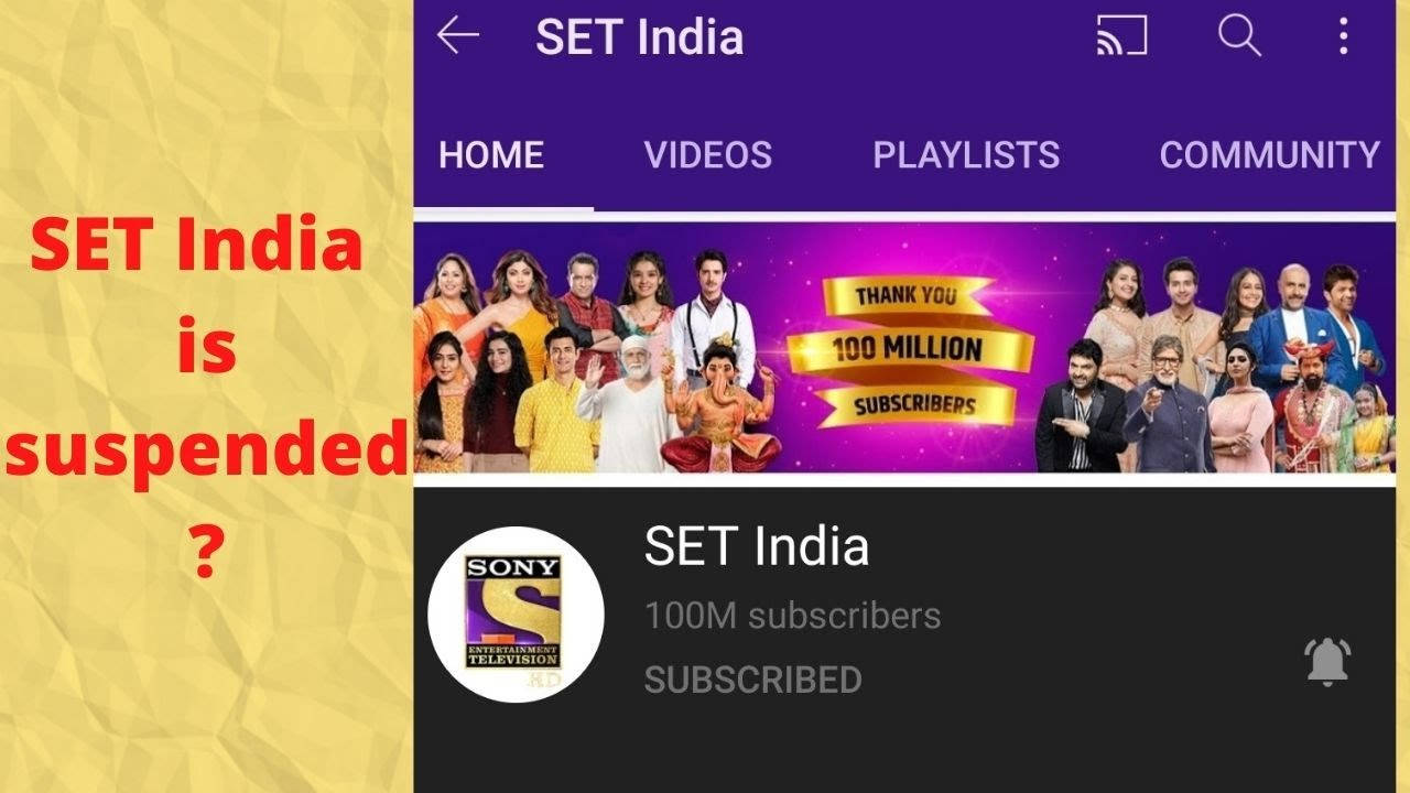 紫色美學 桌布 壁紙 — SET India 的 YouTube 頻道頁面，以充滿活力的紫色橫幅慶祝 1 億訂閱者，並展示微笑的演員陣容。