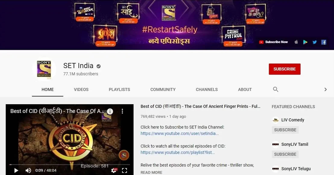 白色 桌布 壁紙 — SET India 的 YouTube 頻道頁面，展示犯罪驚悚節目 CID，附有推廣橫幅和影片縮圖。