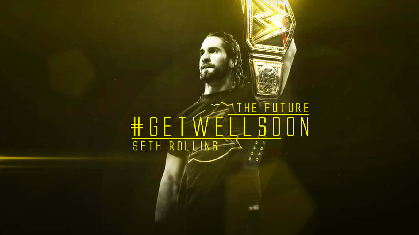 WWE 桌布 壁紙 — Seth Rollins 自信地站立，手持WWE冠軍腰帶，背景為深金色並帶有發光文字。