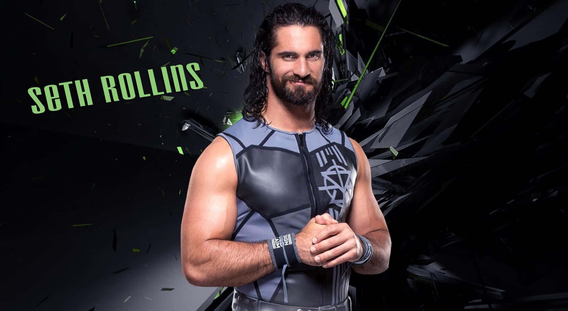 seth rollins 桌布 壁紙 — Seth Rollins 自信地站在黑色和灰色的摔角服裝中，背景是破碎的黑色背景，帶有綠色碎片，他的名字以發光的綠色文字呈現。