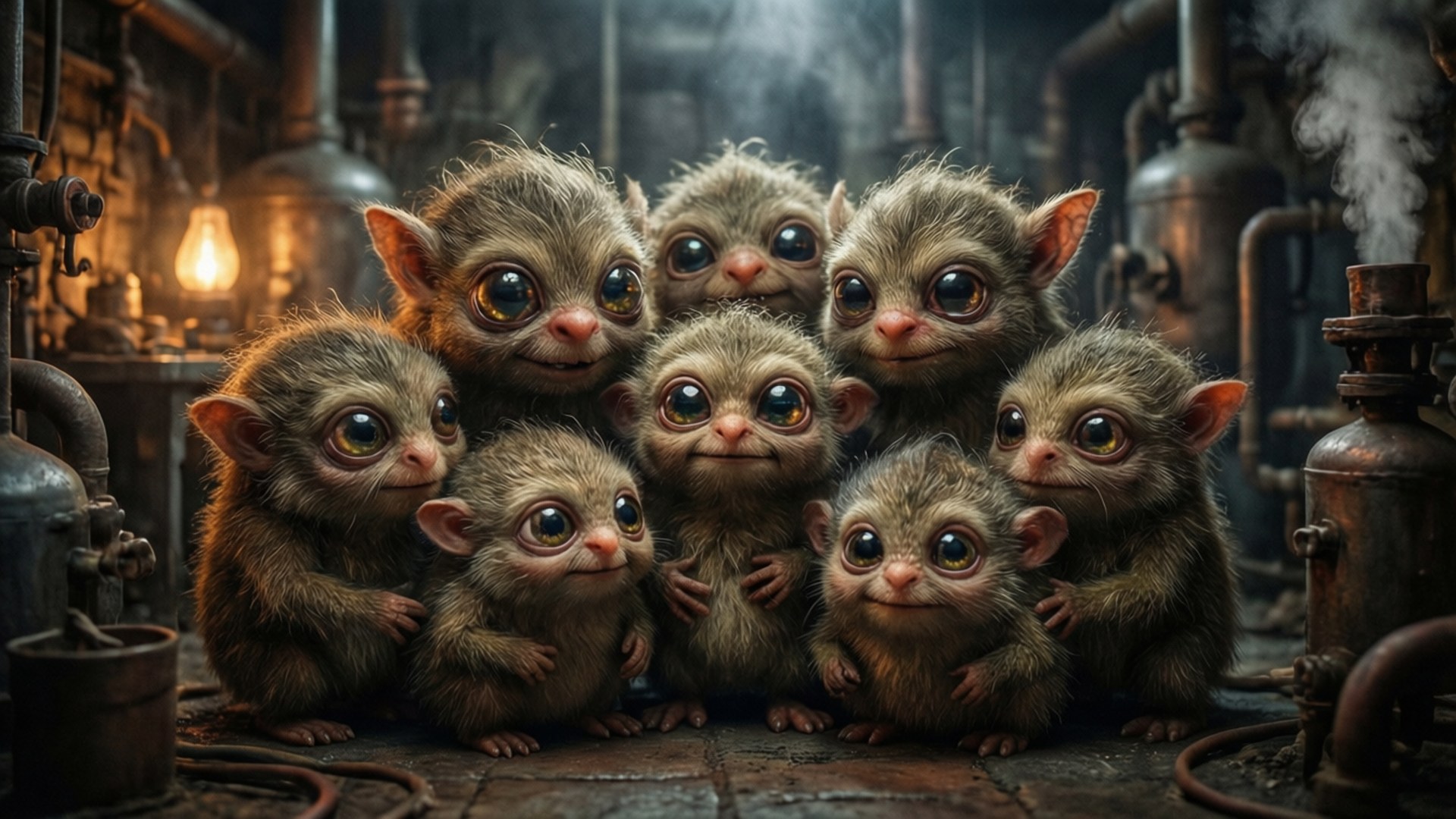 Nomes in the Boiler Room 壁紙 — 七隻可愛的毛茸茸生物，有大眼睛，在燈光昏暗、充滿蒸氣的工業工場裡擠在一起。