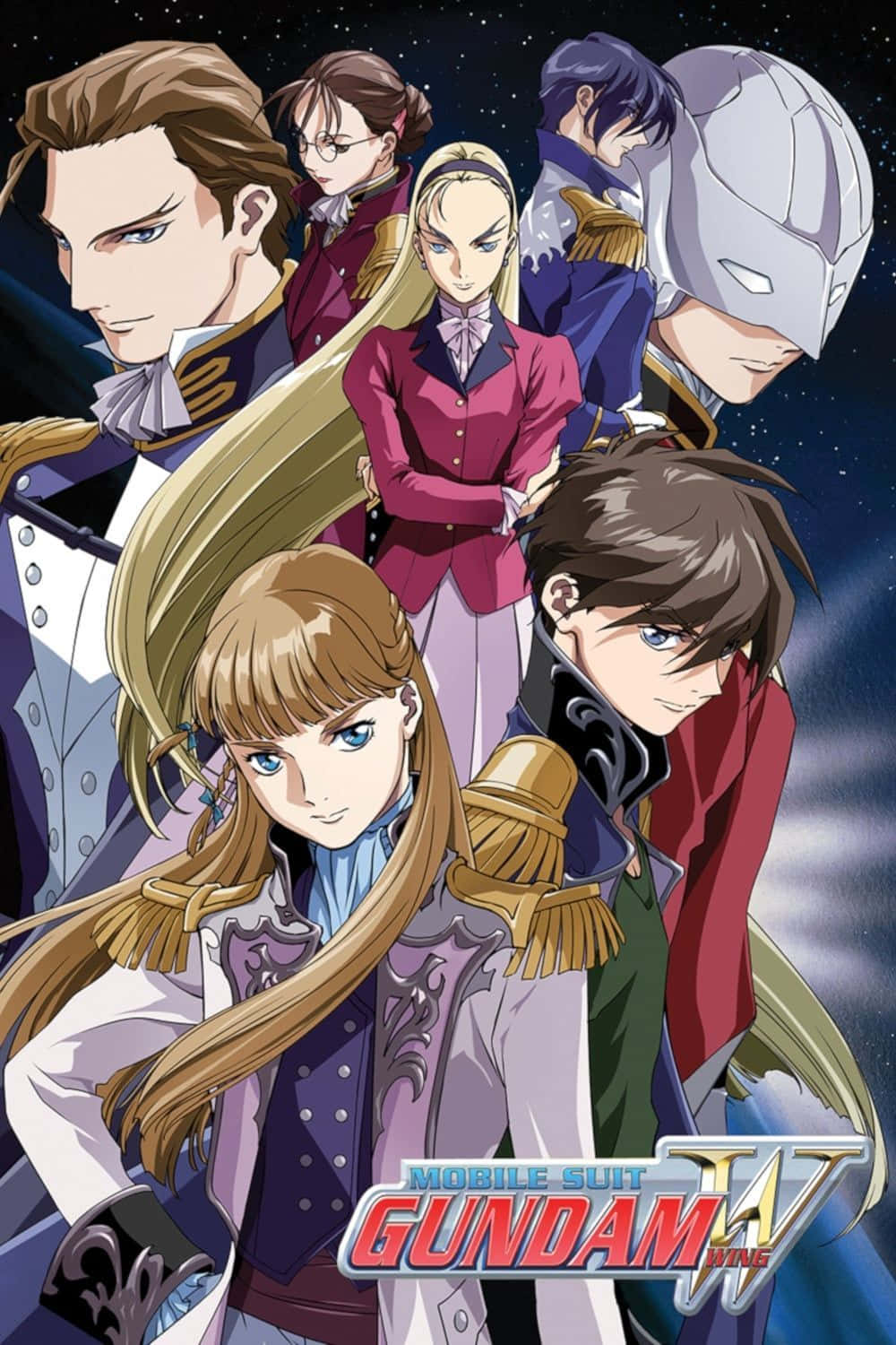  壁紙 — 七個穿著軍服的動漫角色站在星空太空背景前，帶有 Mobile Suit Gundam Wing 標誌。