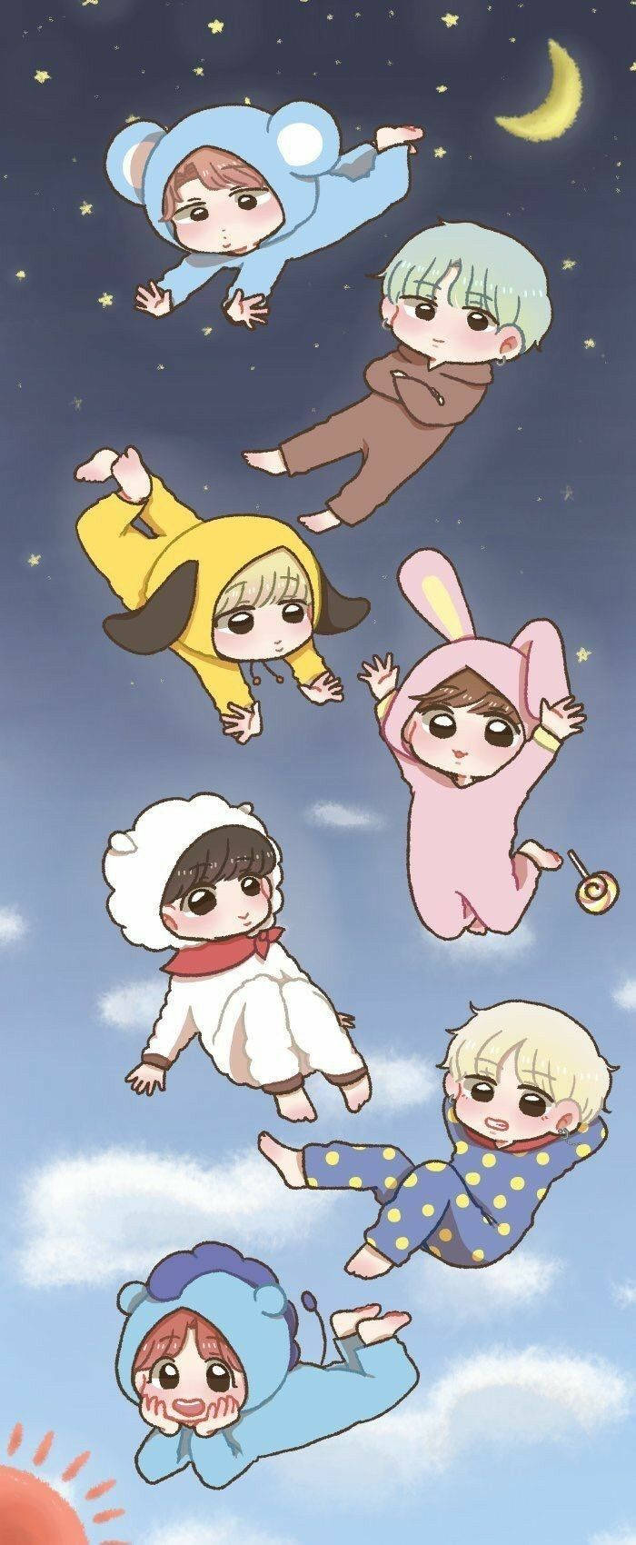 七個穿著動物主題睡衣的孩子在星空夜空中漂浮。 — Bts 壁紙