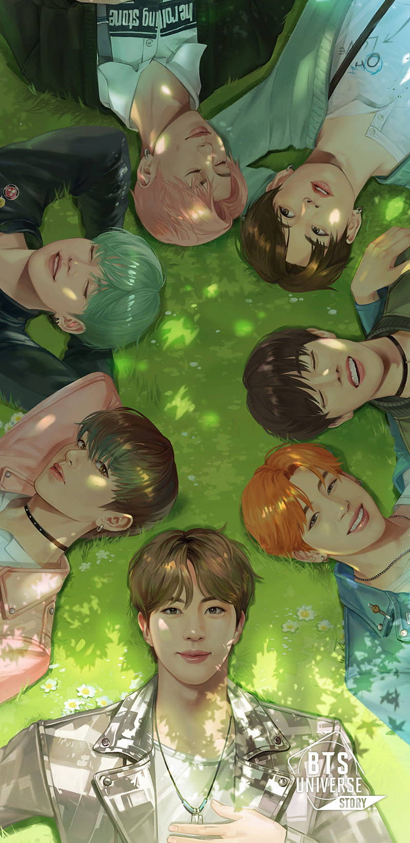 七個動漫風格的年輕男子躺在草地上圍成一圈，對著太陽微笑。 — Bts 壁紙