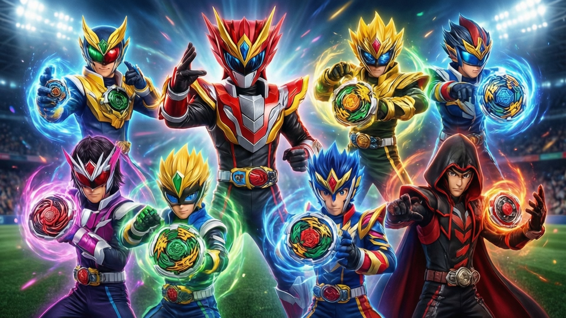 Burst All-Stars United 壁紙 — 七位身穿盔甲、頭戴發光頭盔、手持旋轉陀螺的英雄，在明亮的燈光下英勇地站在體育場上。