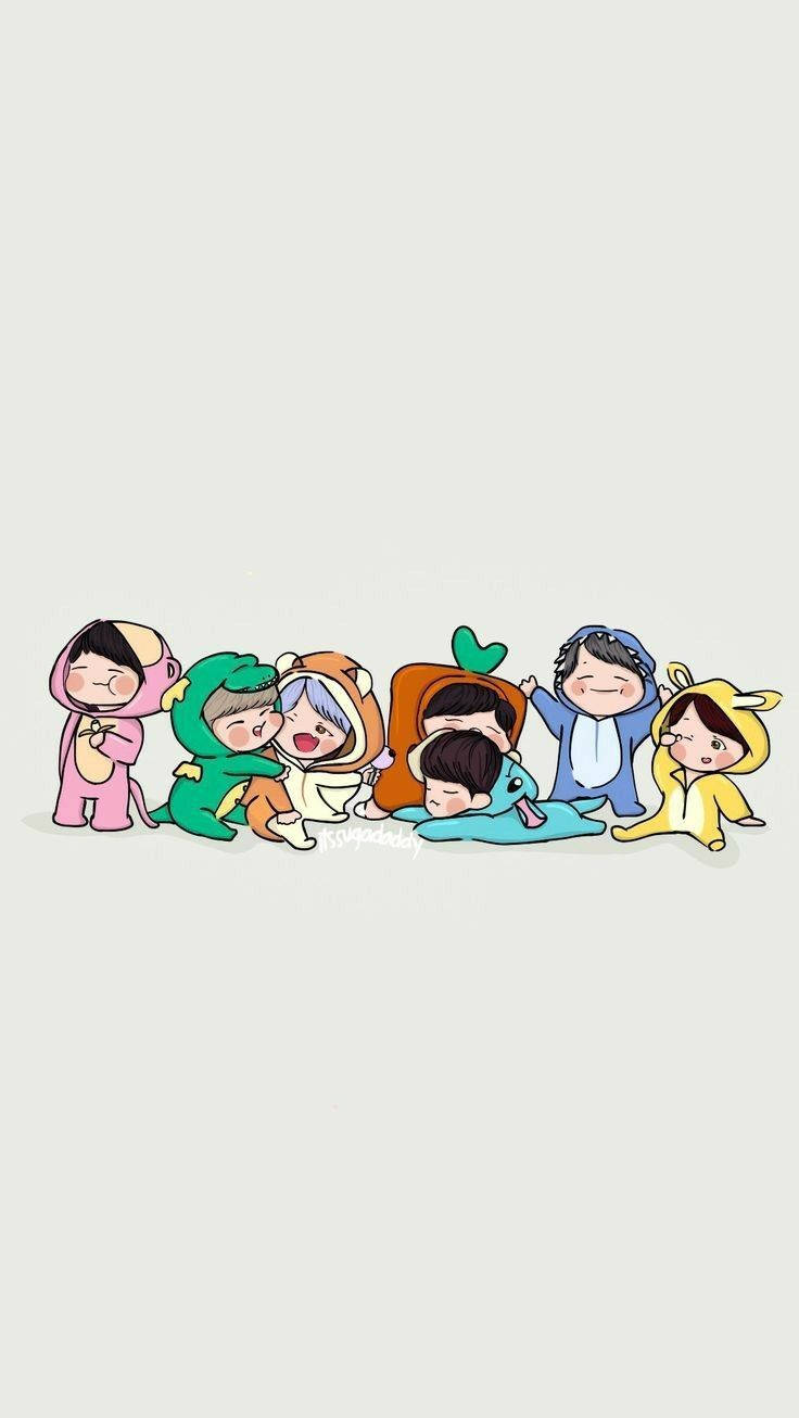 七個穿著動物連體衣的卡通角色擠在一起微笑。 — Bts 壁紙