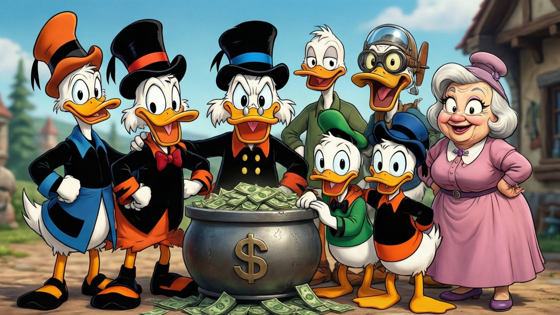 DuckTales Family Portrait 壁紙 — 七隻穿著正式服裝和帽子的卡通鴨子，在陽光明媚的村莊環境中聚集在一個裝滿現金的大錢罐周圍。