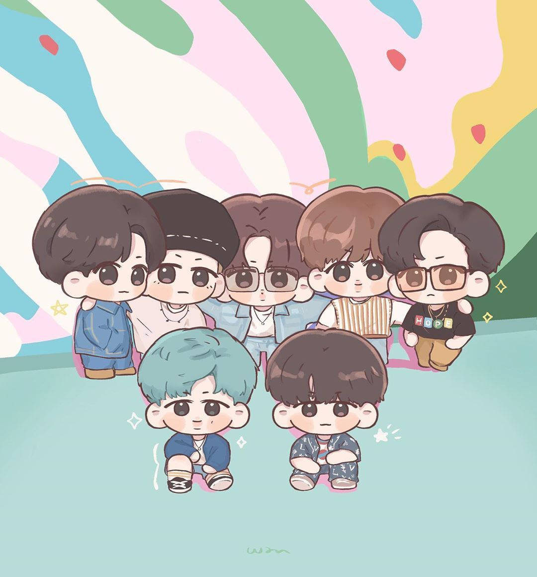 七個穿著休閒服的Q版動畫男孩，粉彩漩渦背景和漂浮愛心。 — Bts 壁紙