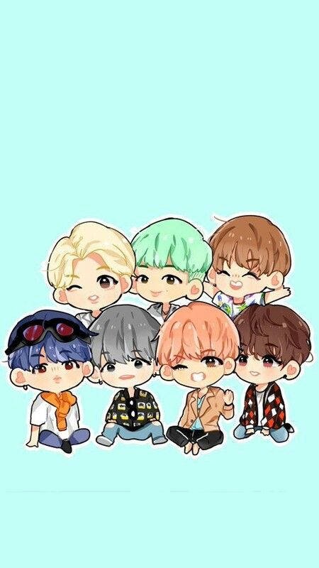 七個色彩繽紛頭髮的Q版動畫男孩一起坐在薄荷色背景上。 — Bts 壁紙