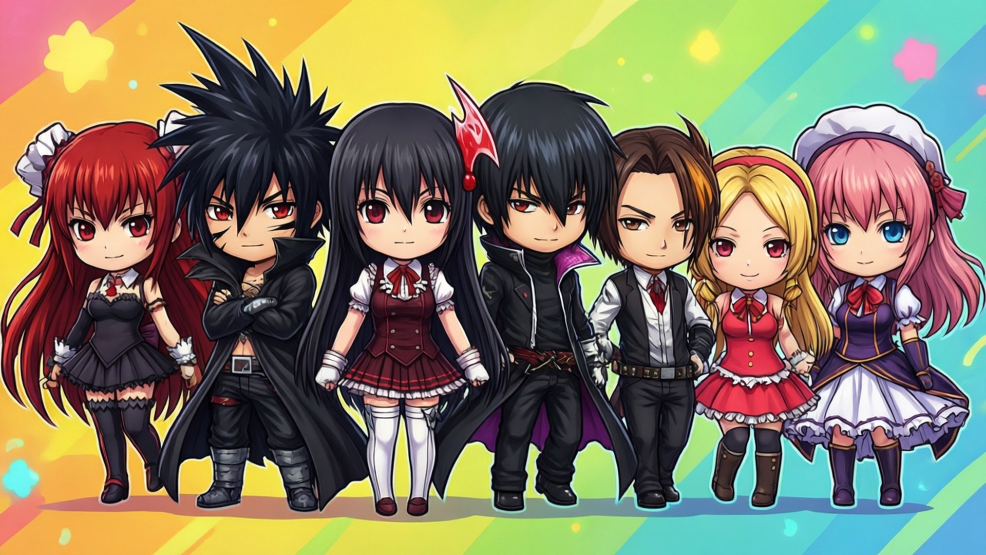 Chibi Character Lineup 壁紙 — 七個穿著不同服裝的Q版動漫角色站在充滿活力的彩虹漸變背景前，背景有漂浮的星星。