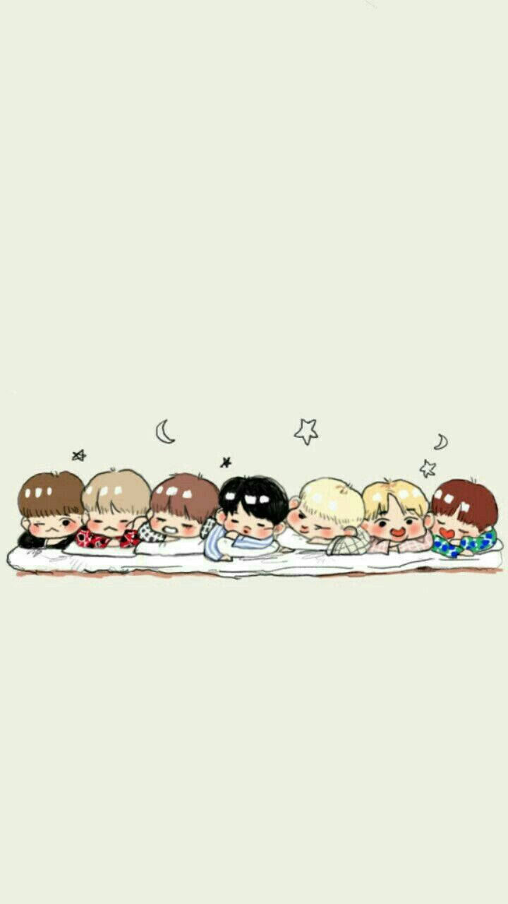 七個卡通男孩在星星和月亮下的毯子上一起睡覺。 — Bts 壁紙