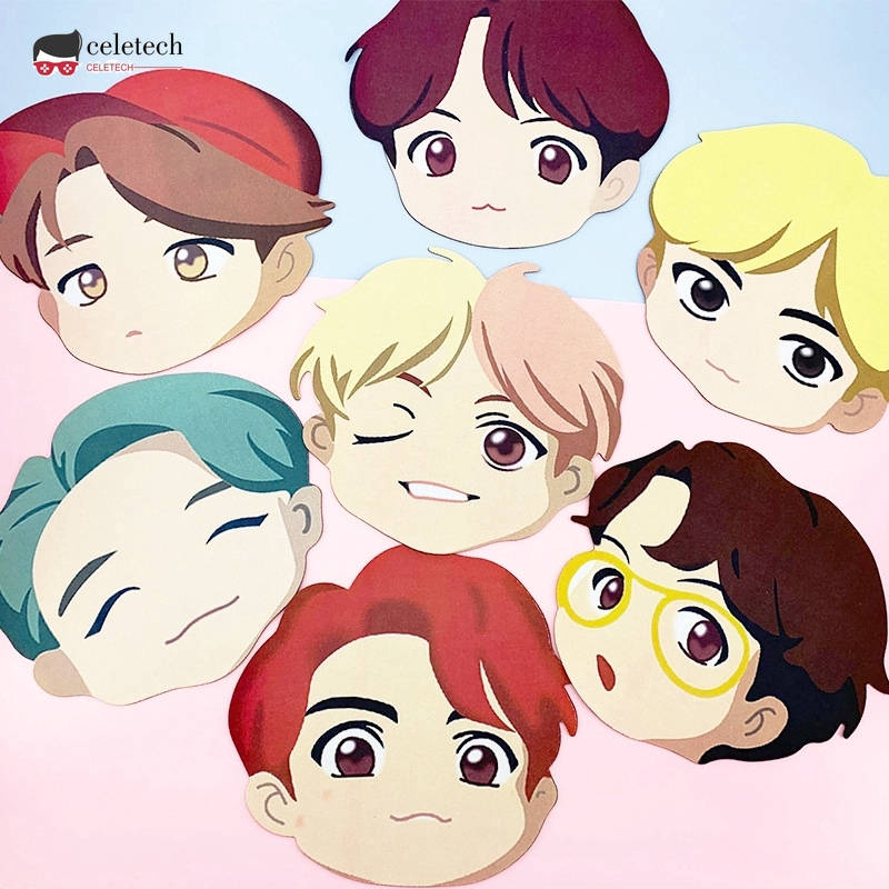 七個動畫Q版面孔，不同髮色和表情，在粉紅色背景上。 — Bts 壁紙