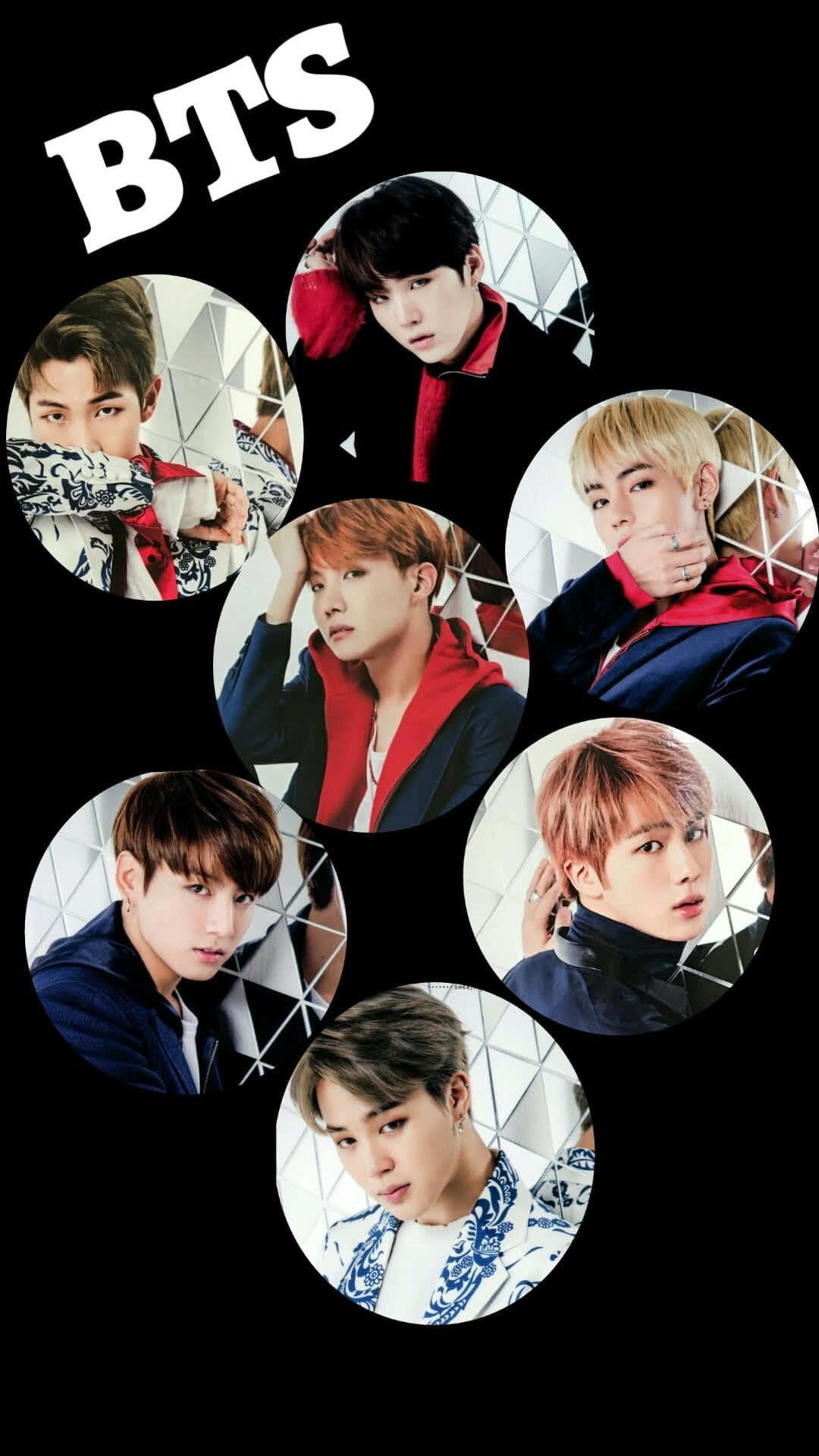 七個BTS成員的圓形肖像，穿著時尚服裝，背景為黑色，帶有幾何圖案。 — Bts 壁紙
