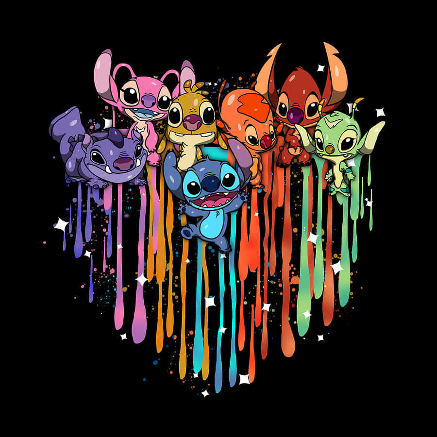 Stitch Love 桌布 壁紙 — 七個色彩繽紛的史迪奇角色在黑色星空背景上滴落彩虹顏料。