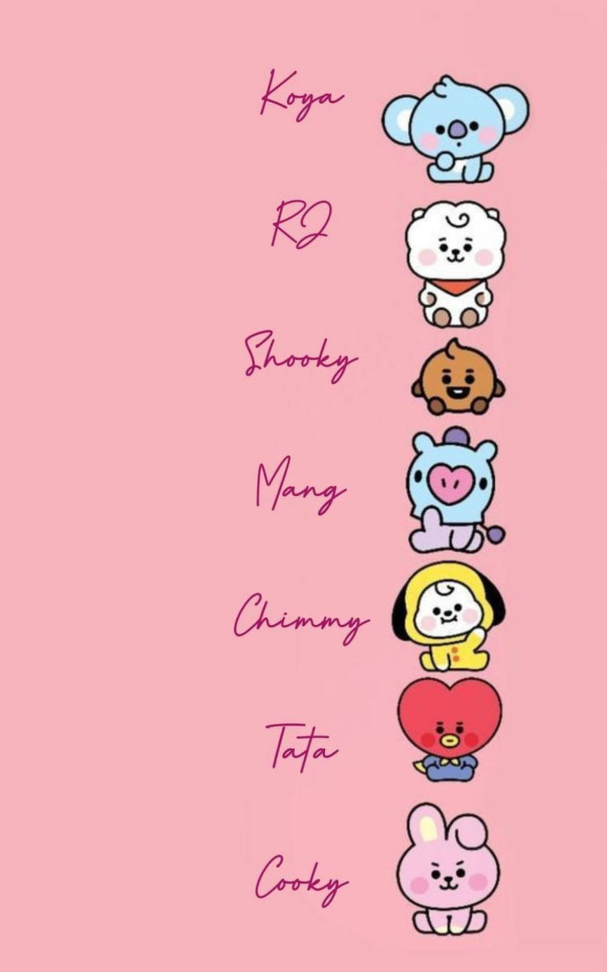 七個BT21卡通人物垂直列出，名字用紫色草書寫在粉紅色背景上。 — Bts 壁紙