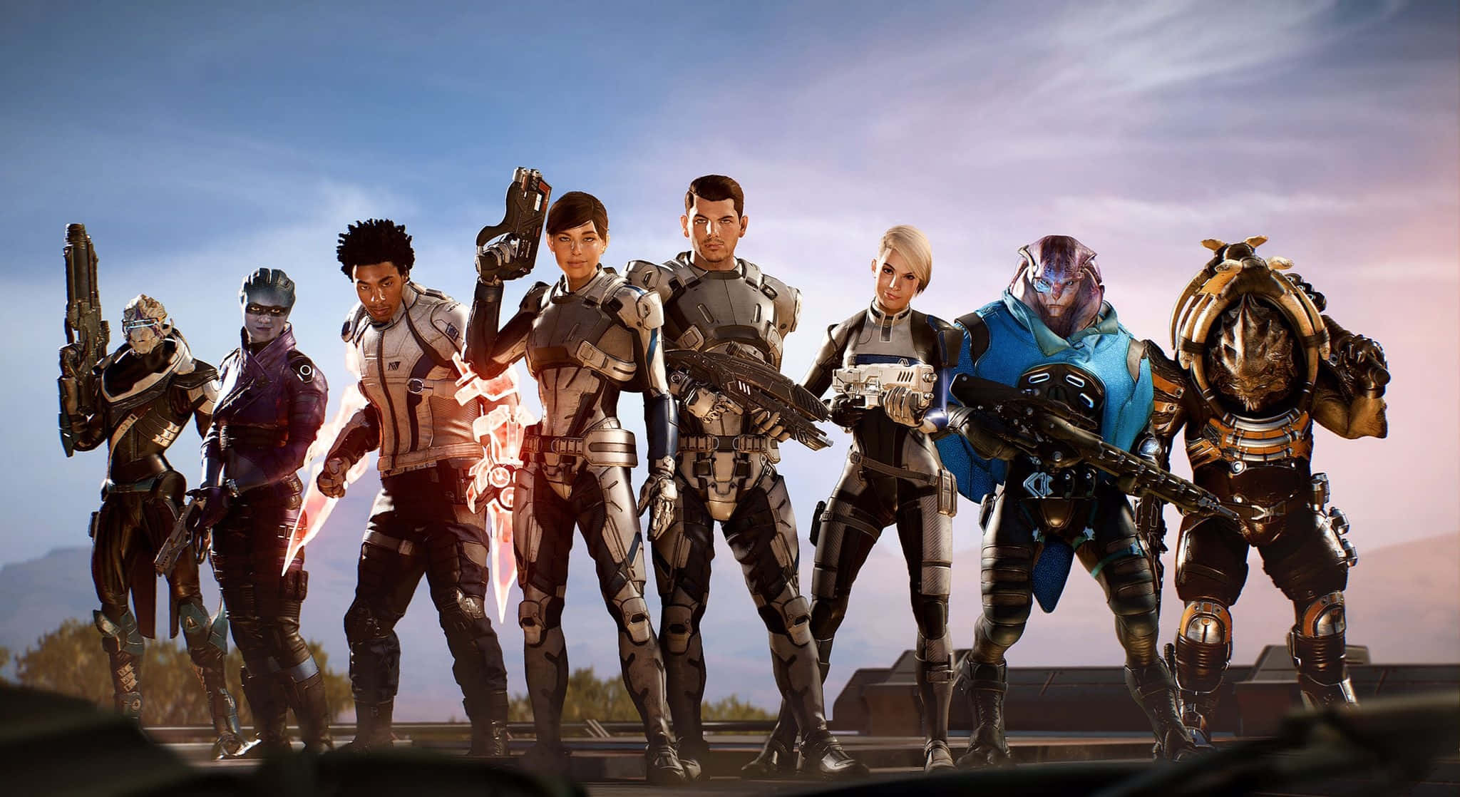 Mass Effect Andromeda 桌布 壁紙 — 七位身穿精細盔甲的不同科幻戰士，在暮色天空下自信地站立，手持未來武器。