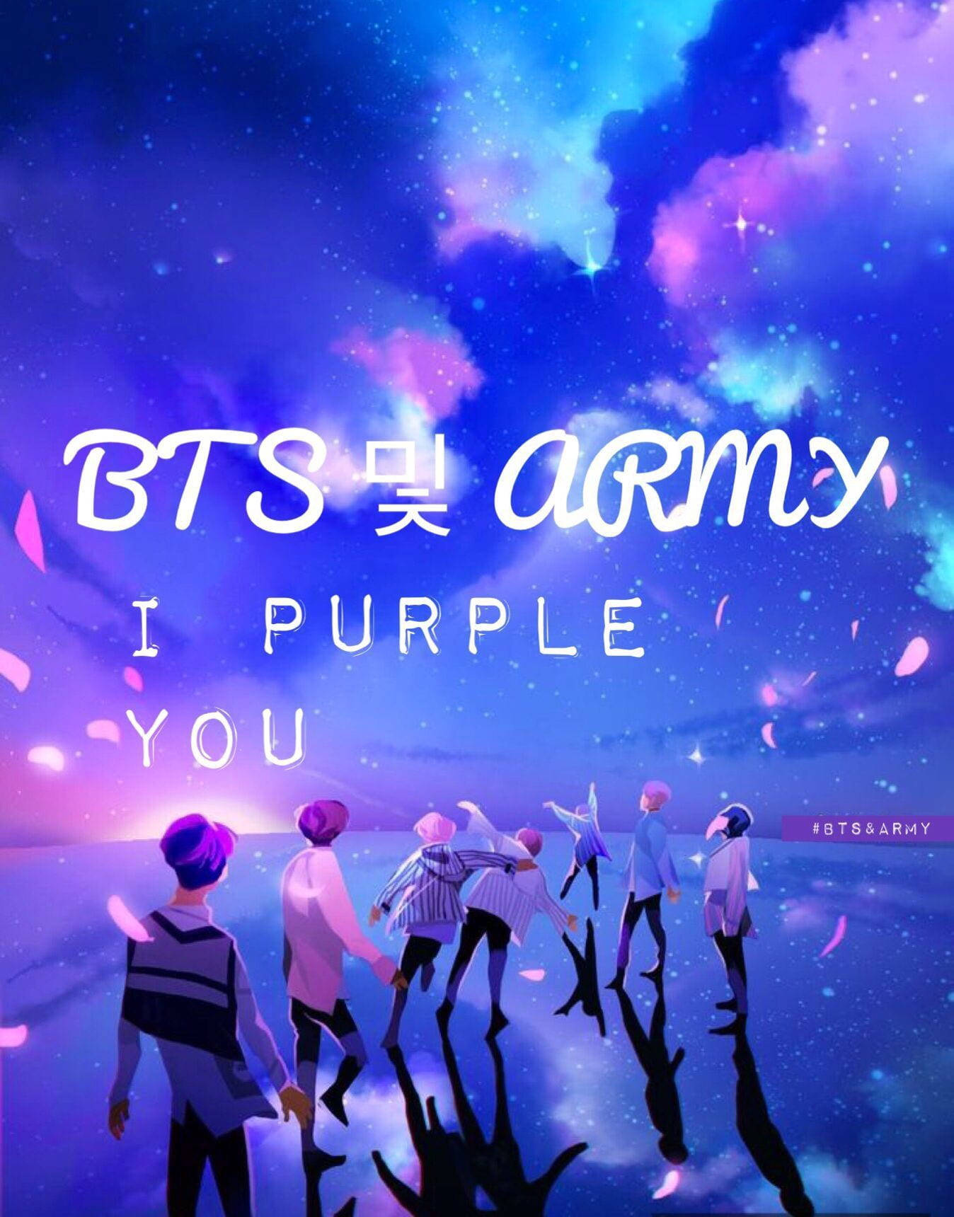 BTS 和 ARMY 在紫色星空下，有發光的雲朵和漂浮的花瓣。 — Bts 壁紙
