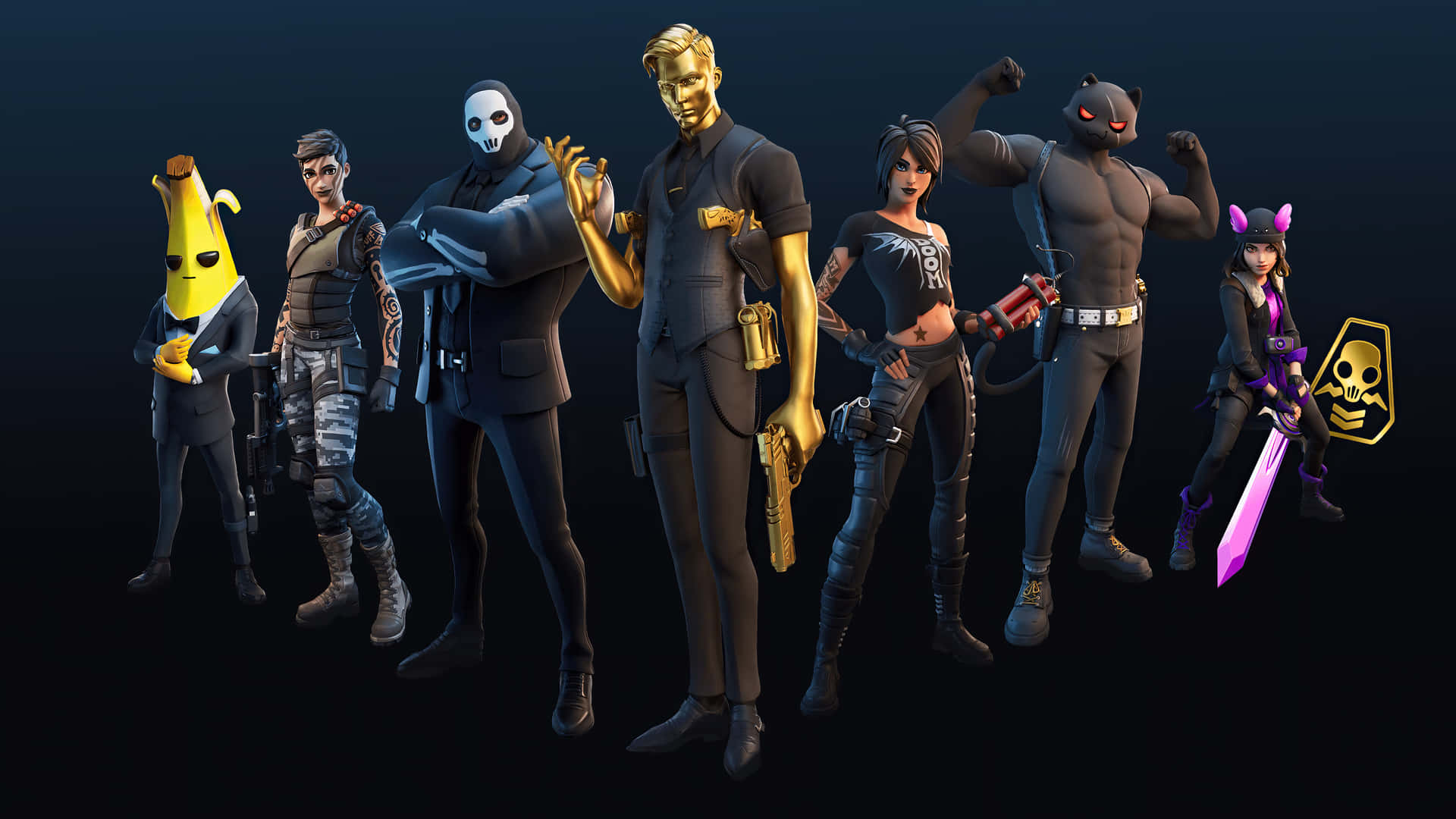  壁紙 — 七個Fortnite角色身穿深色服裝，在黑色背景前自信地擺姿勢，配備發光武器和配件。