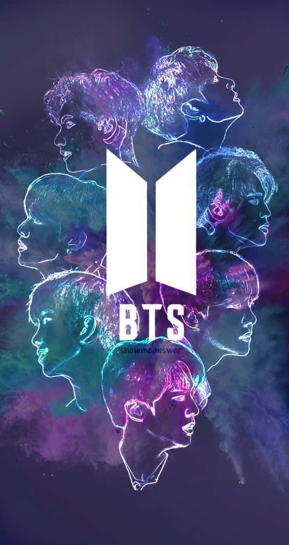 Bts Icon 桌布 壁紙 — 七個發光的BTS成員霓虹剪影圍繞著他們的標誌，背景是宇宙紫色和藍綠色。