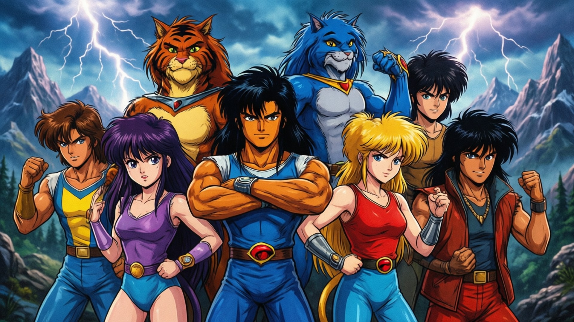 80s Anime Thundercats 壁紙 — 七個英雄動漫角色，包括虎和獅子戰士，在雷電交加的暴風雨山景背景下 defiantly 站立。