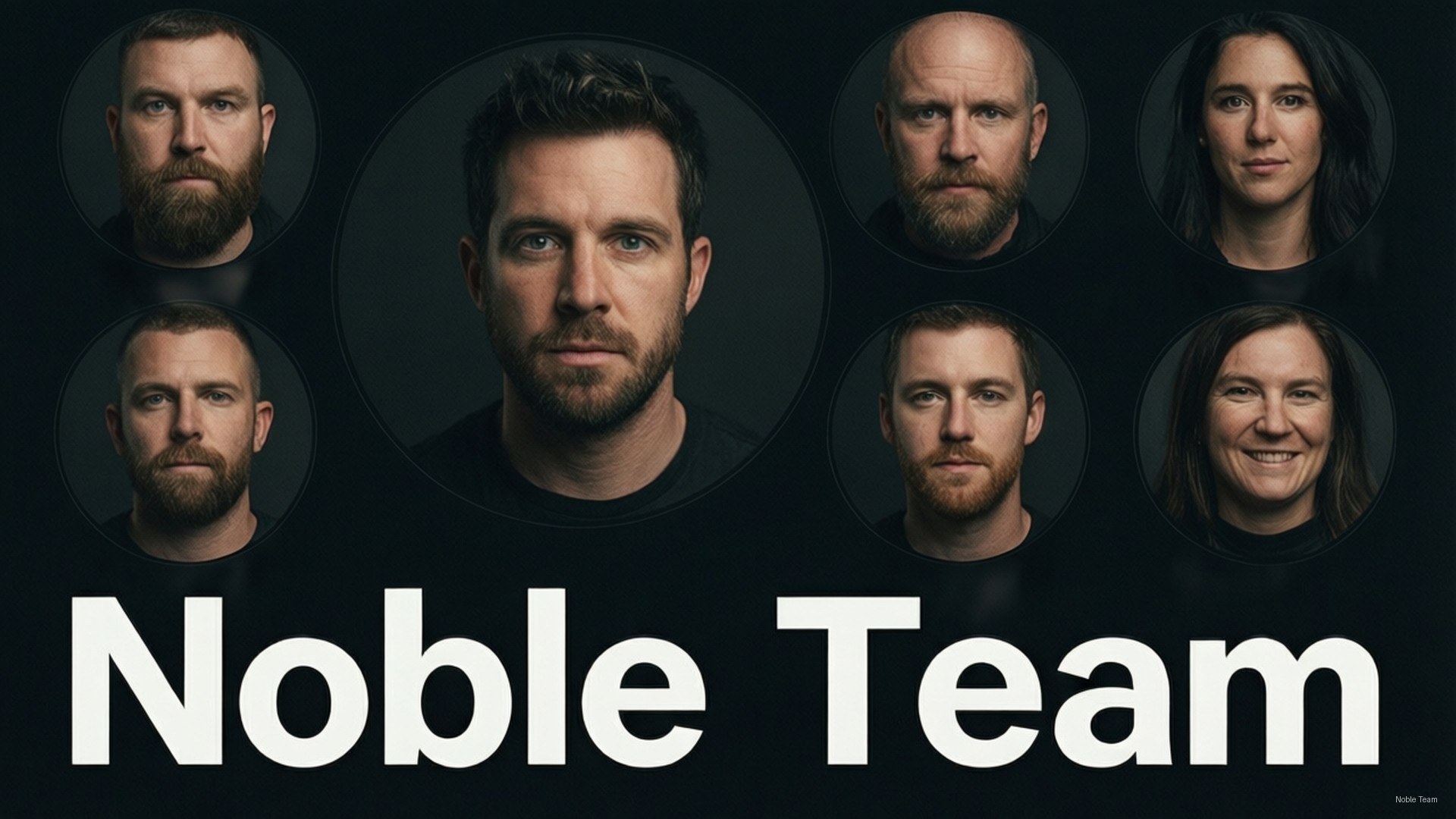 Noble Team Portraits 壁紙 — 七個留鬍鬚、表情嚴肅的人在圓形框架中，背景為黑色，有粗體白色文字寫著 Noble Team。