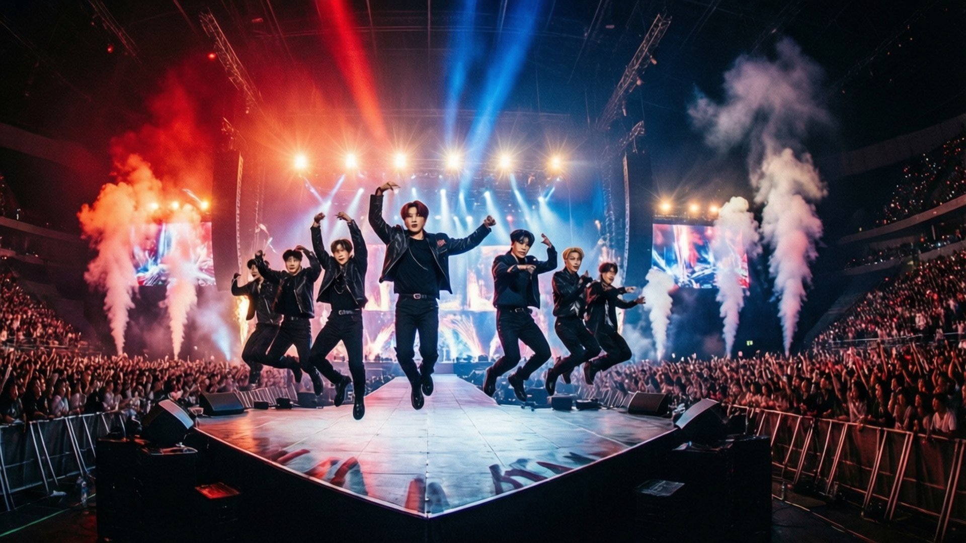 Hero Concert Fire 壁紙 — 七位男表演者在燈光璀璨的舞台上凌空躍起，煙霧爆發，聚光燈照亮了擠滿觀眾的演唱會場地。