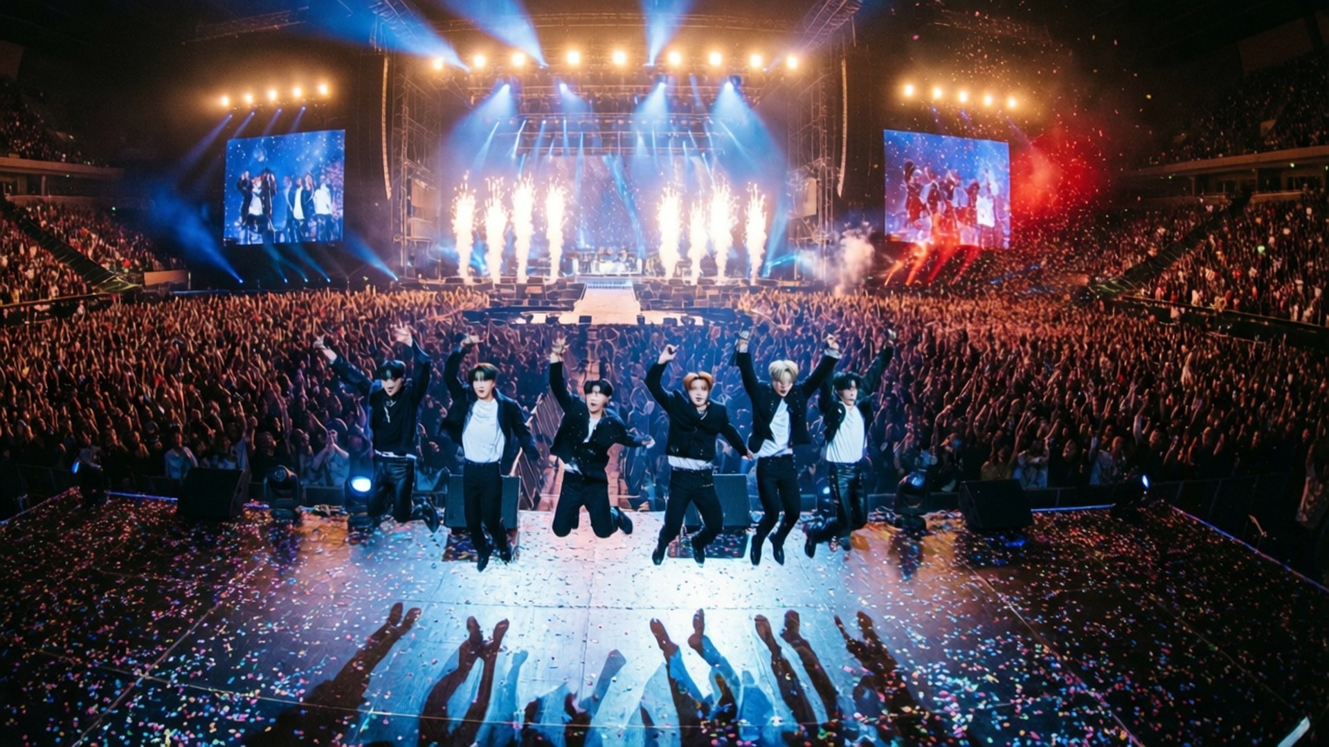 Concert Energy 壁紙 — 七位表演者在閃爍的舞台上凌空躍起，紙屑如雨般灑落，面對著體育館內咆哮的人群。
