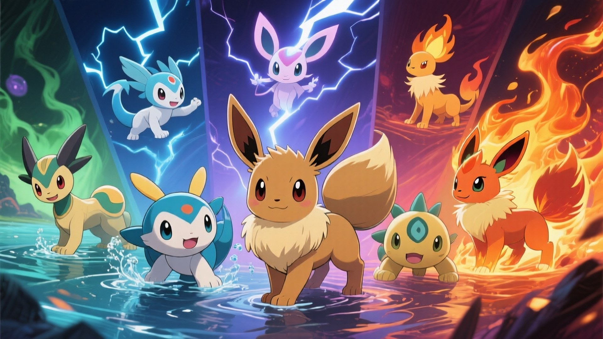 Eevee and All Evolutions 壁紙 — 七隻寶可夢站在水中，被電火和水元素效果包圍。