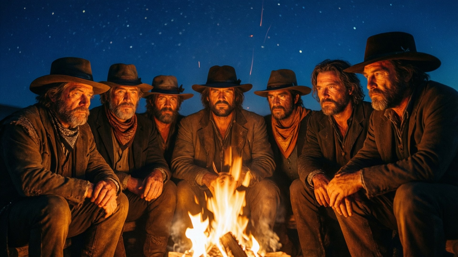 The Magnificent Seven 桌布 壁紙 — 七個戴寬邊帽的粗獷牛仔，在繁星點點的夜空下，莊嚴地坐在噼啪作響的營火旁。