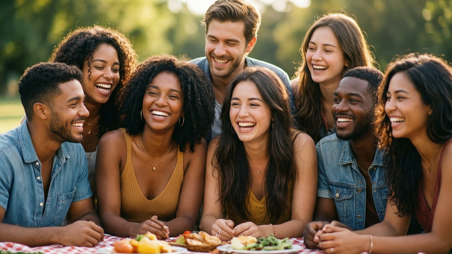 Friends Smiling Picnic 壁紙 — 七位微笑的朋友聚集在戶外的野餐桌旁，在溫暖的陽光下分享食物。